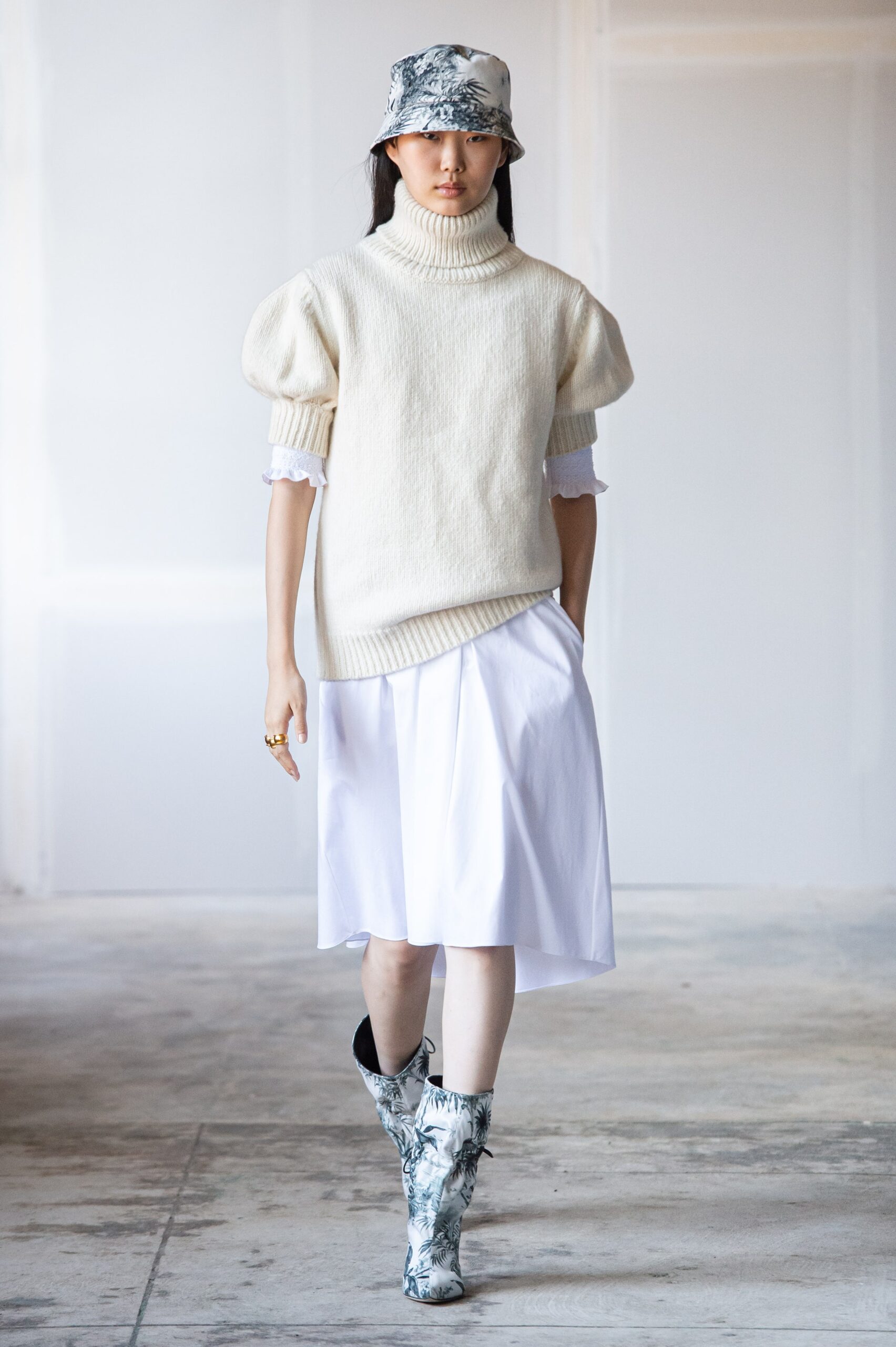 white wool sweater and skirt