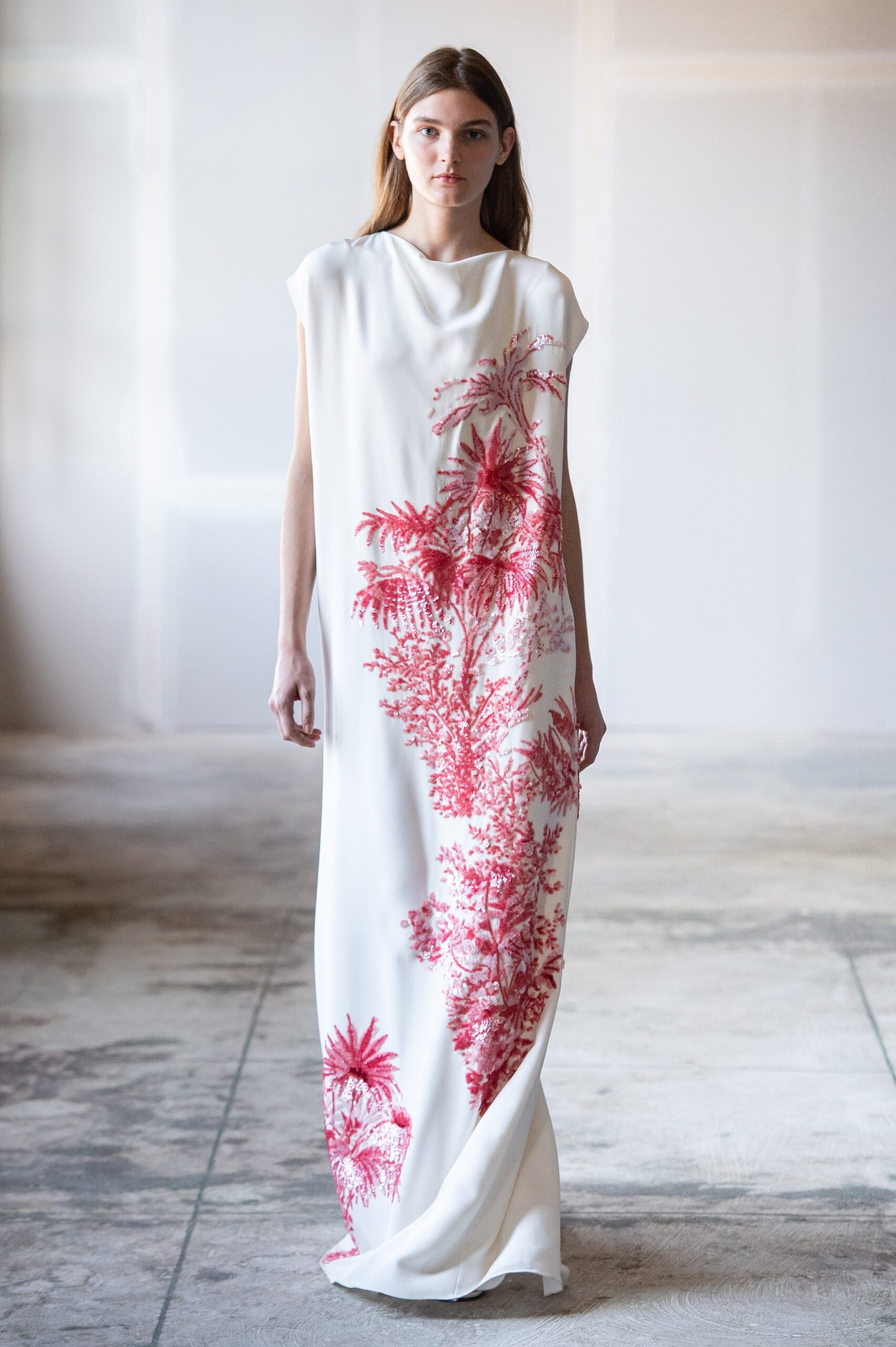 white silk printed gown