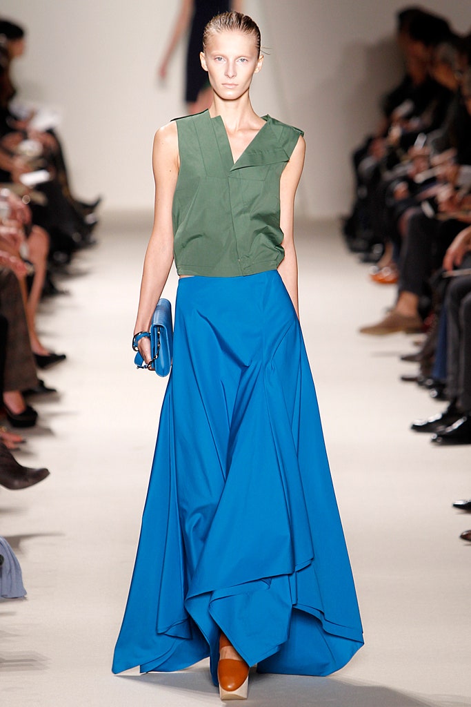 green top blue asymmetric skirt