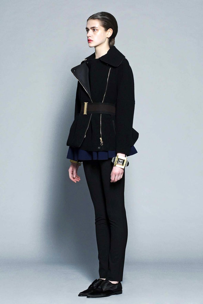 black wool long-sleeve collared fitted zippered flared jacket
