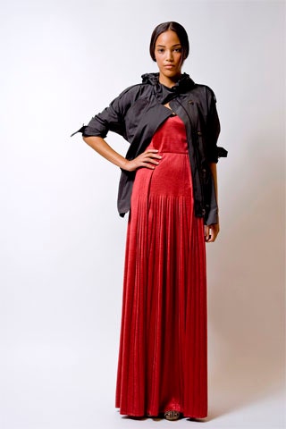 red pleated maxi dress with black jacket