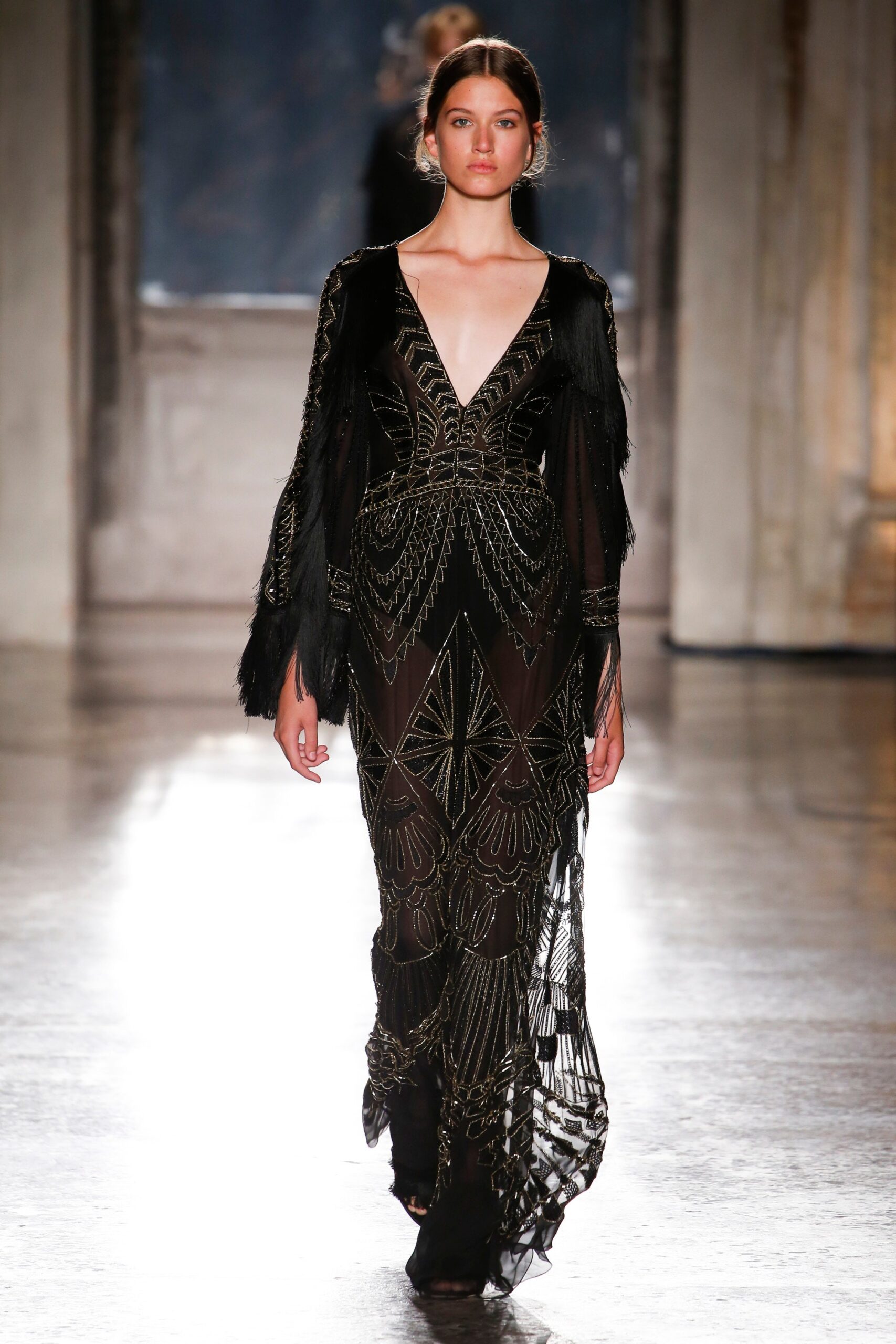 black silk embroidered gown