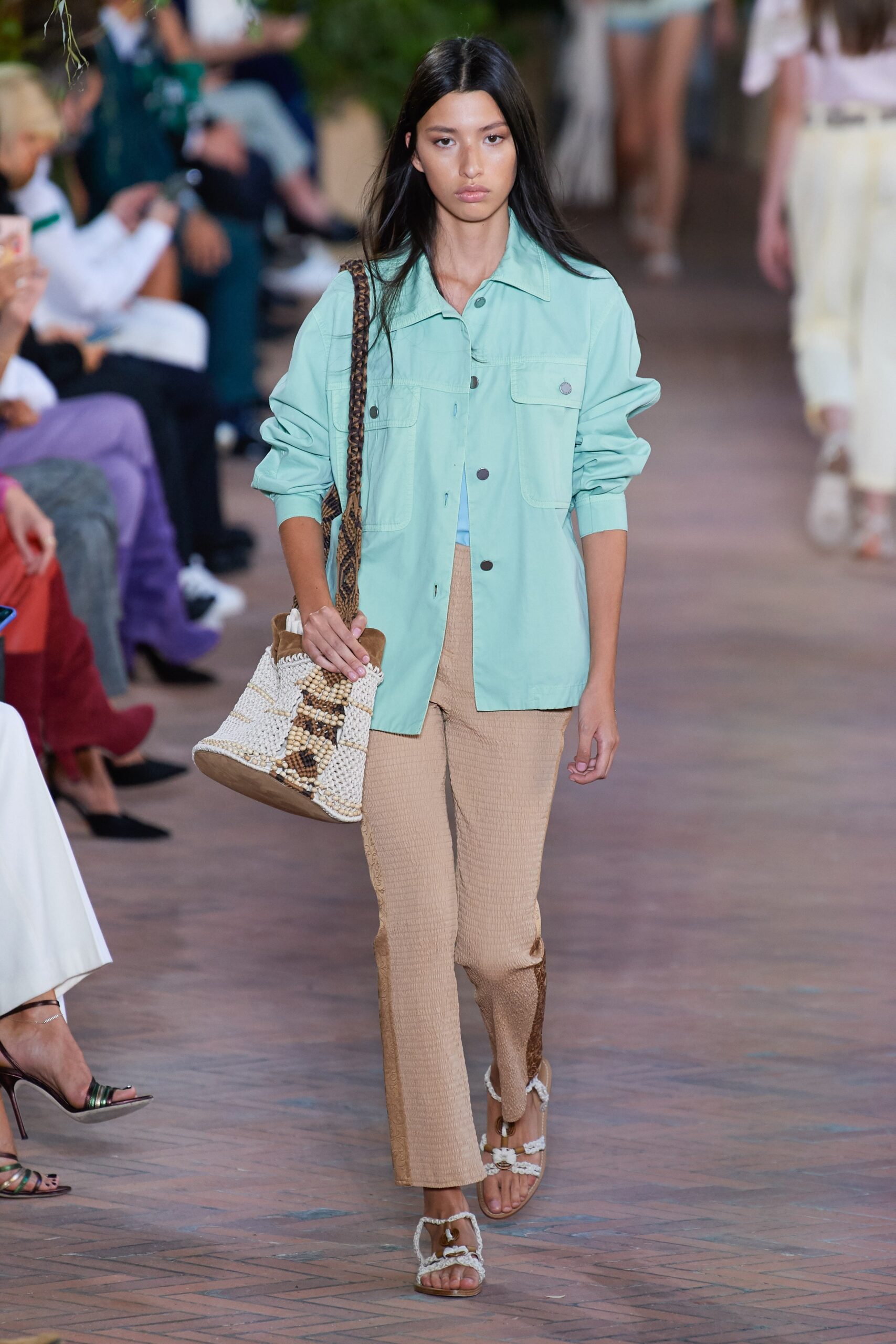 mint jacket beige pants outfit