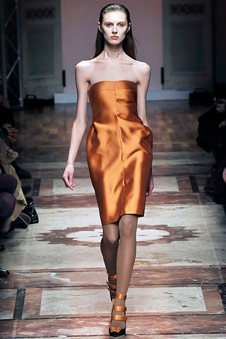 orange silk strapless fitted straight-leg dress