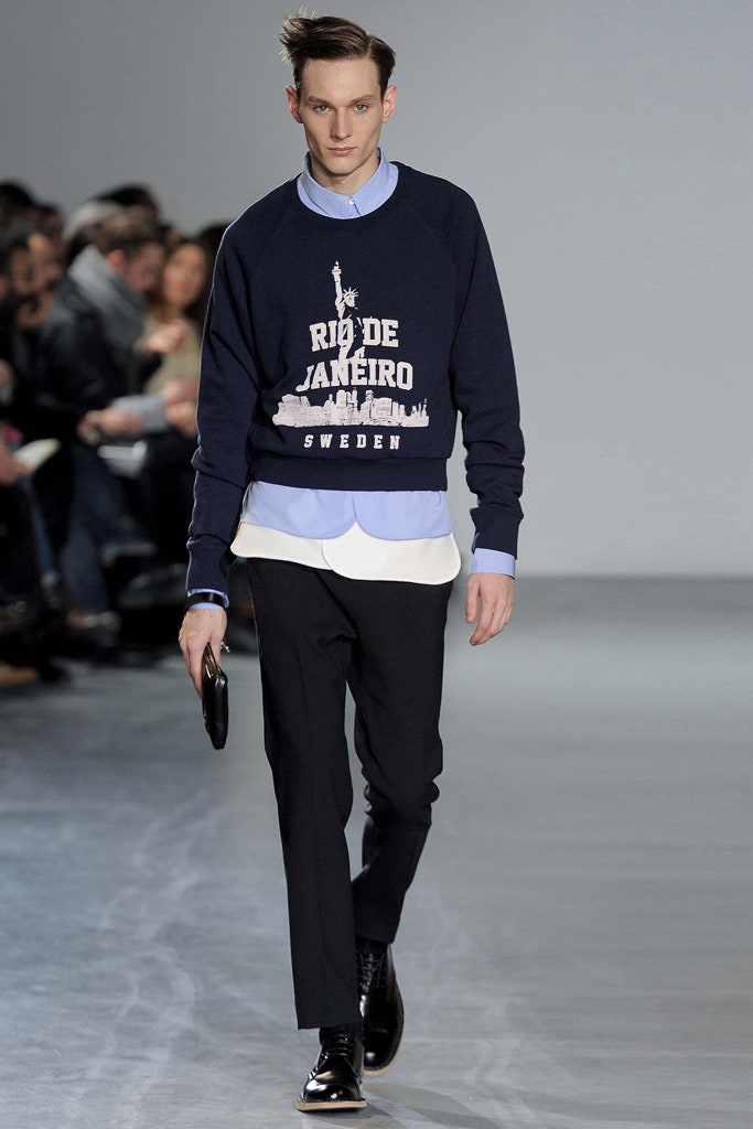 navy printed sweater with tailored pants