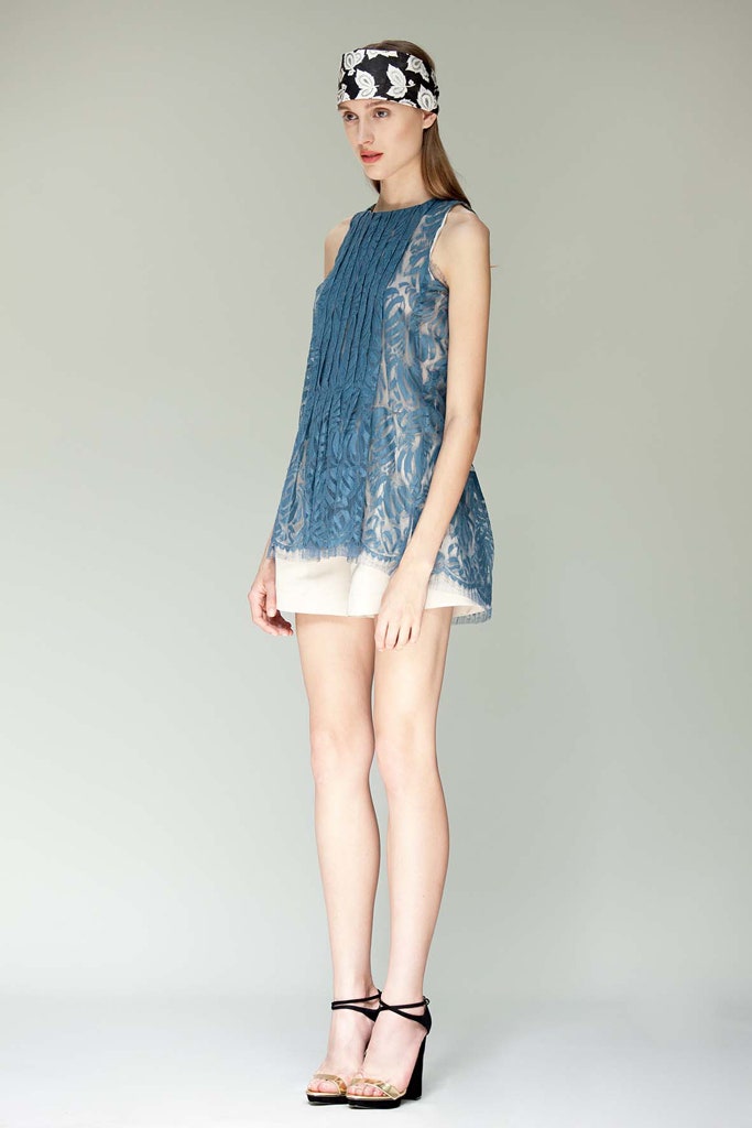 blue lace sleeveless high-neck relaxed pleated sheer top
