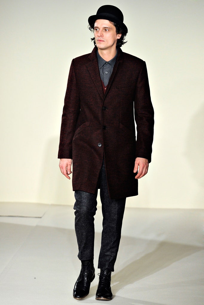 brown wool coat with gray shirt