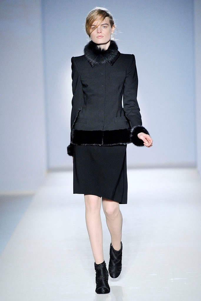 black wool long-sleeve collared fitted pencil midi dress