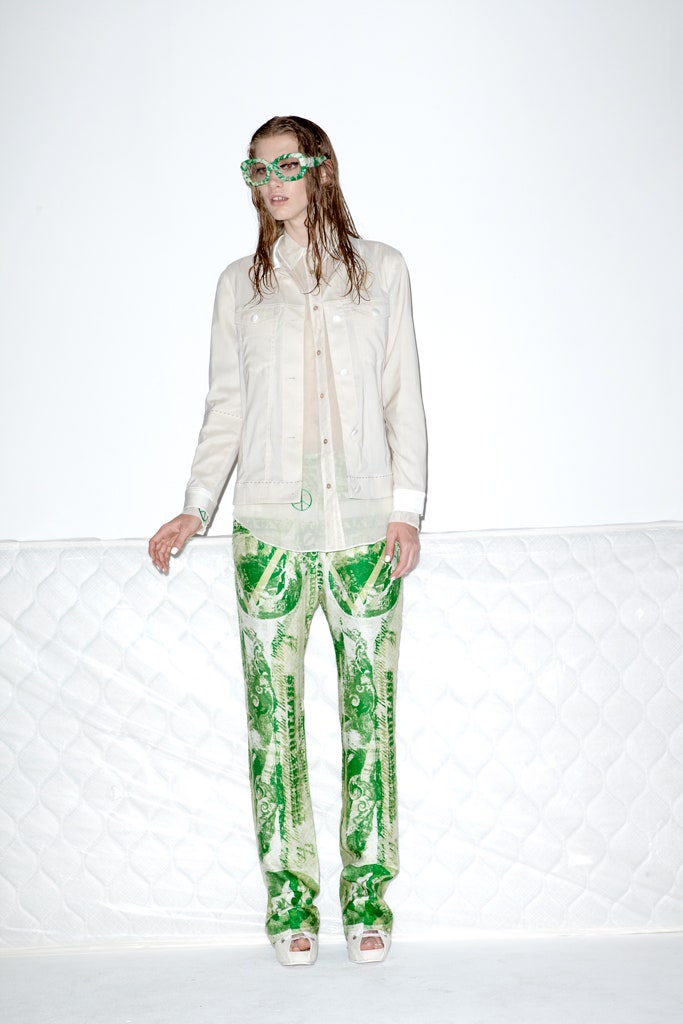 white shirt green printed pants