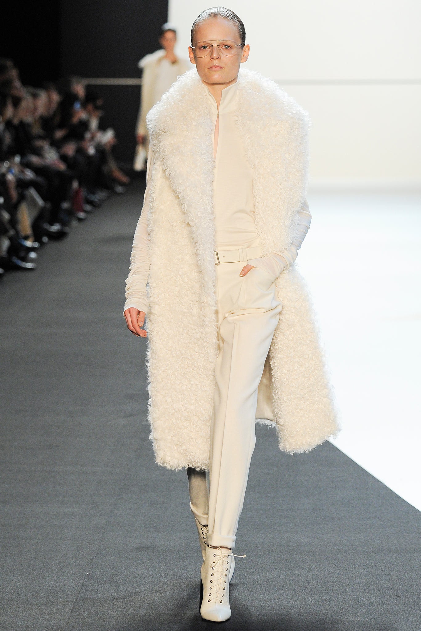 white faux-fur coat with fitted top