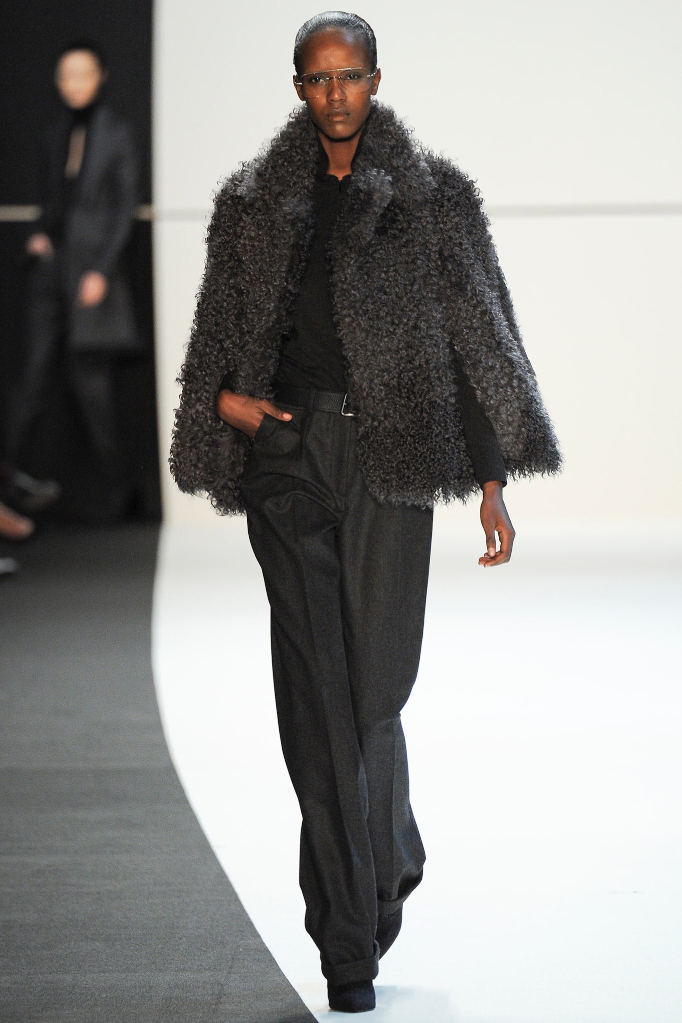 gray fur coat black top tailored pants