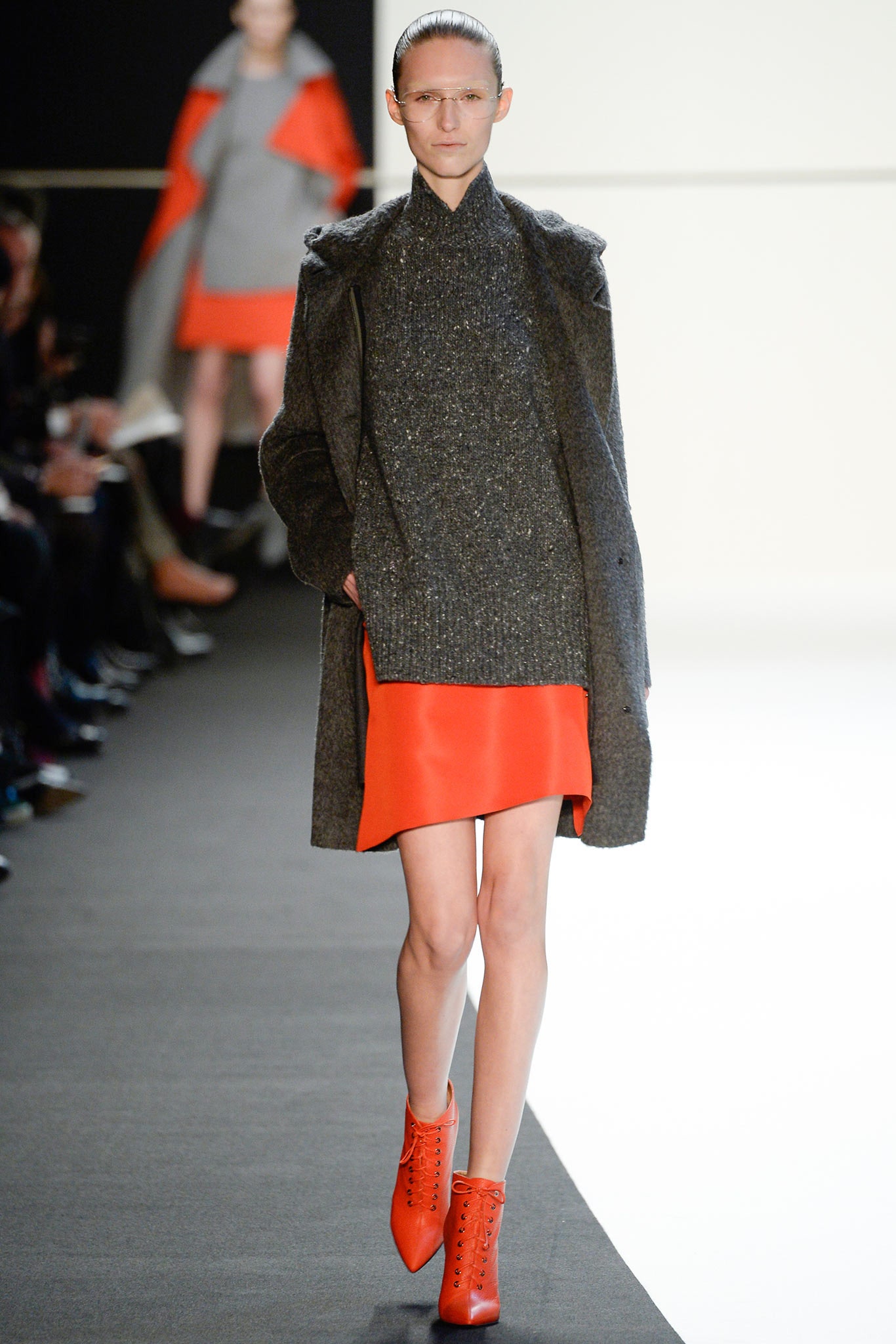 red mini dress with gray coat