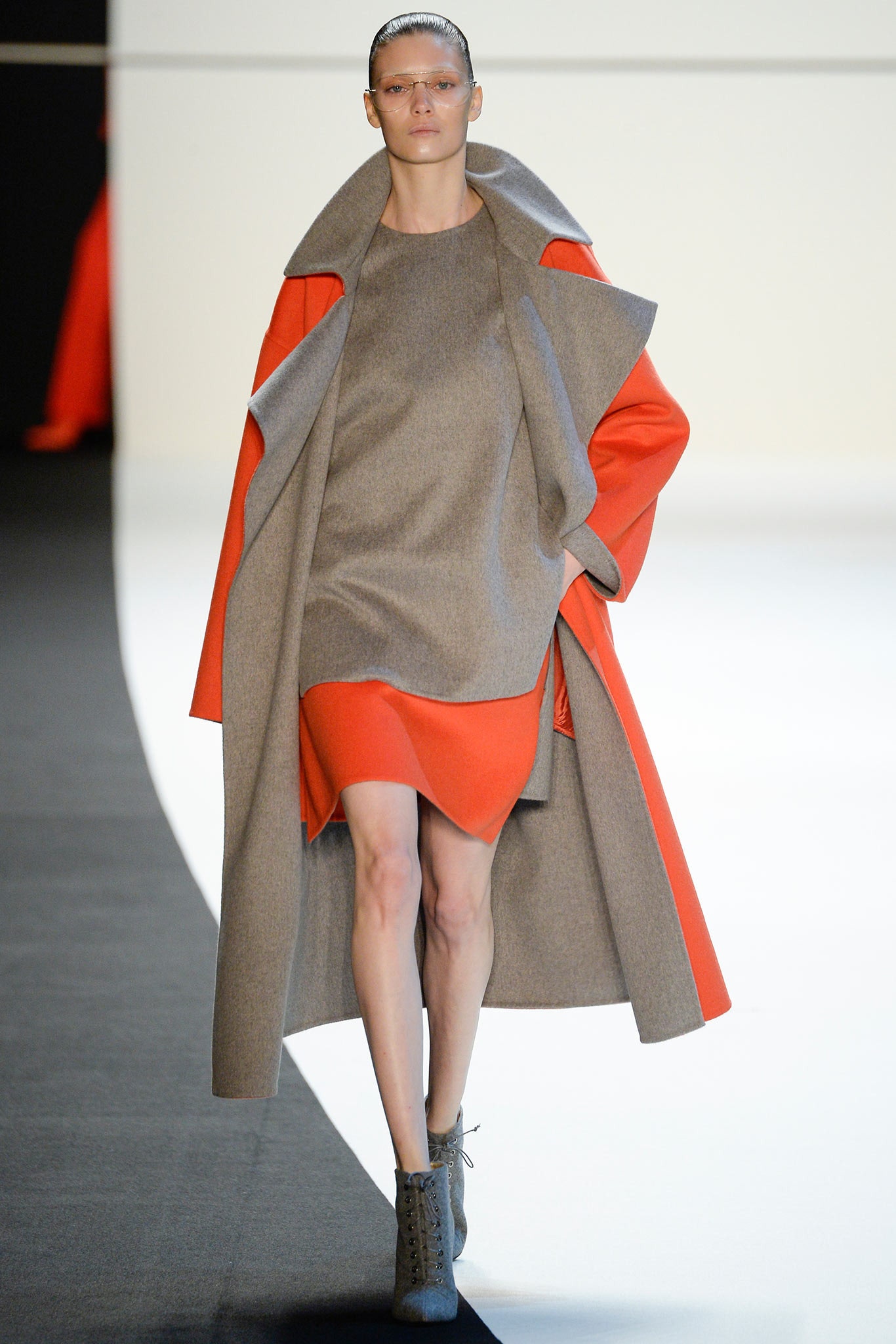 gray orange wool coat and red dress