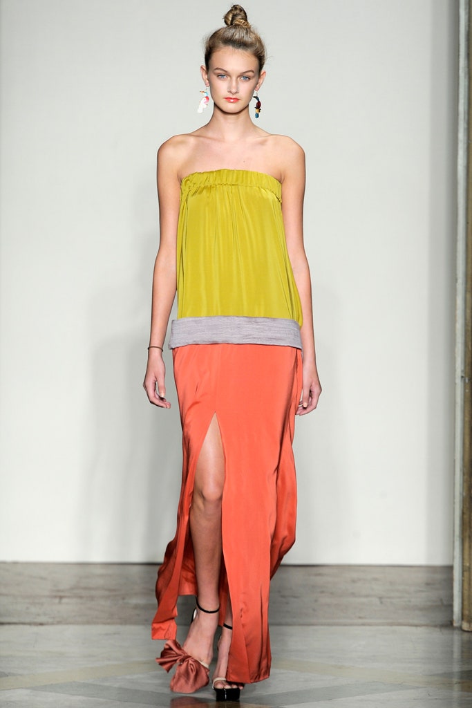 green and orange sleeveless dress