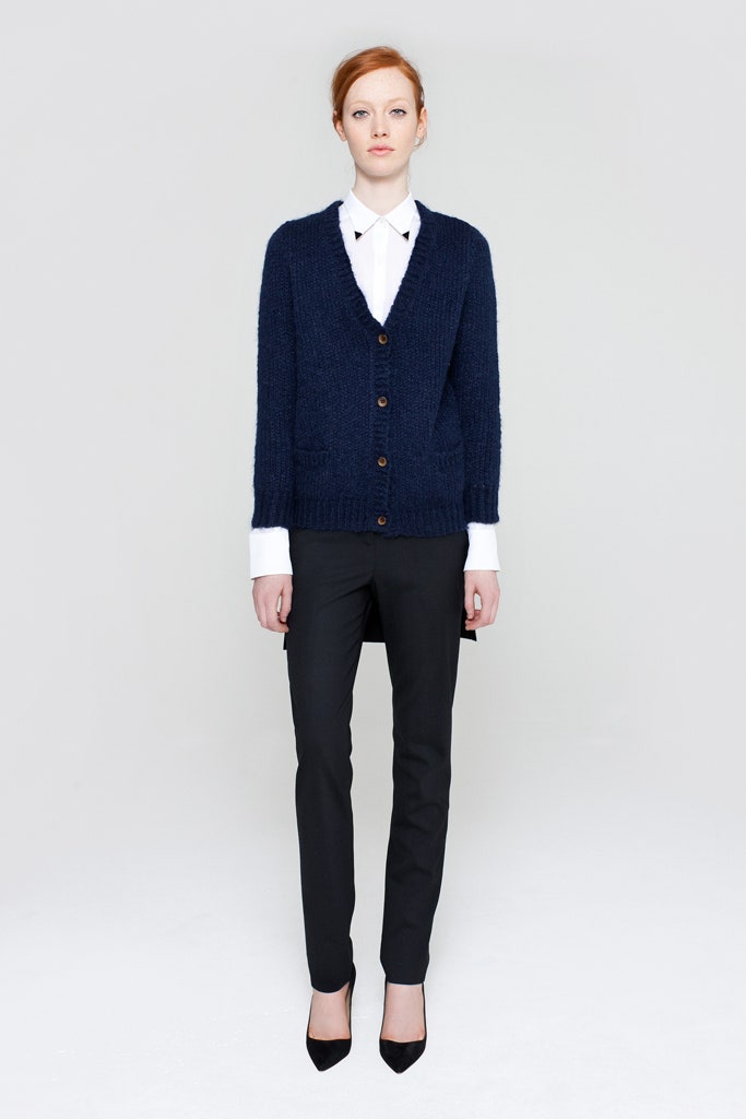 navy cardigan white shirt black pants