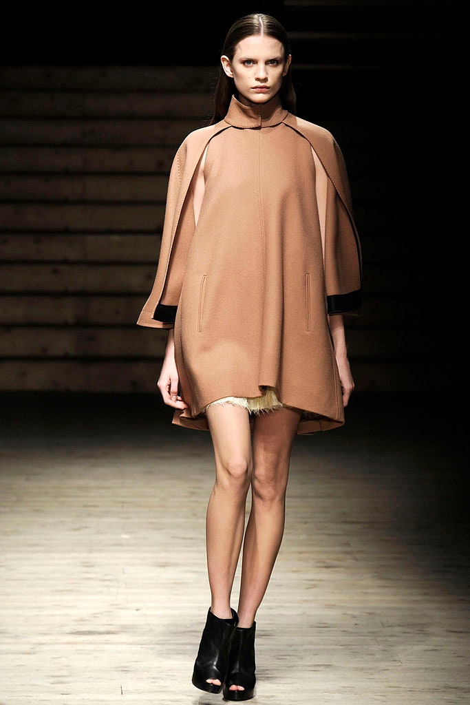 brown wool long-sleeve collared relaxed straight-leg cape