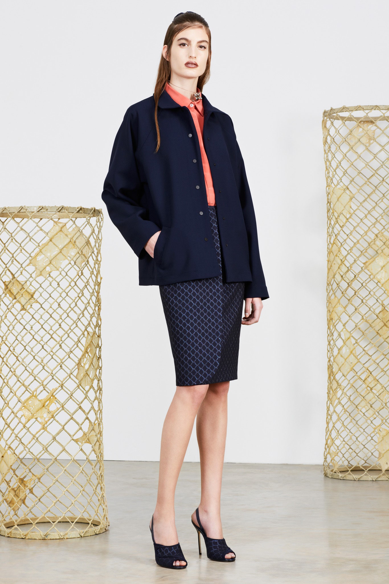 navy jacket coral shirt blue skirt