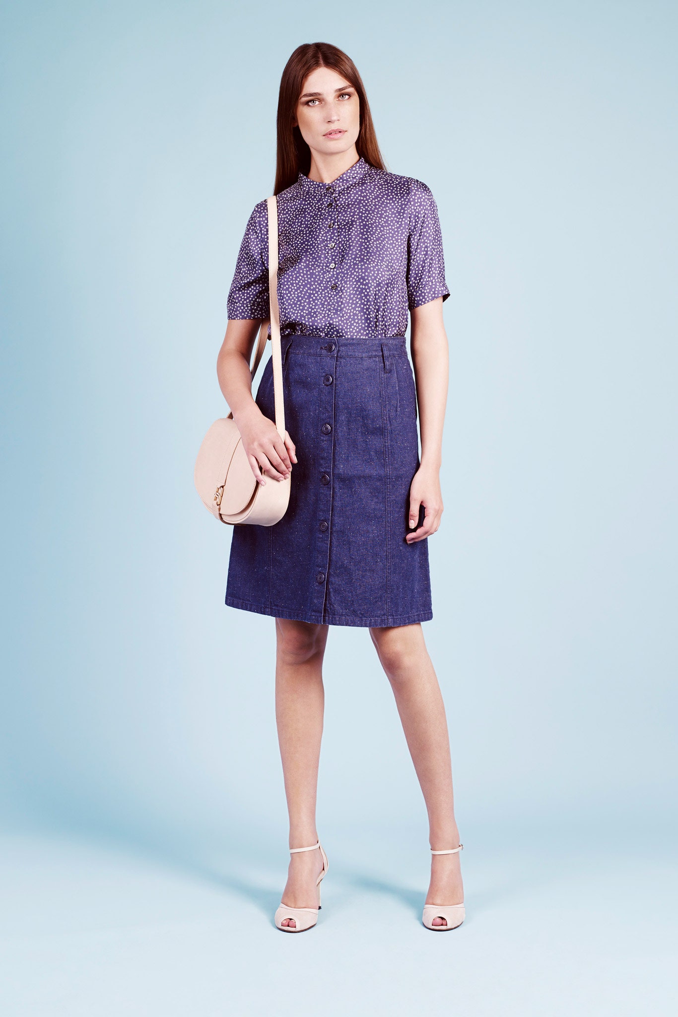 blue denim fitted buttoned straight-leg skirt