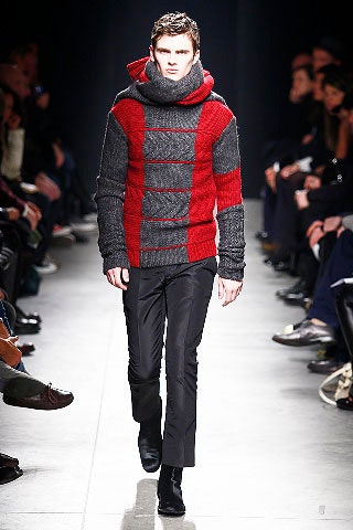 red wool long-sleeve hooded fitted striped sweater