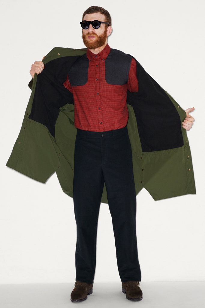 green coat red shirt black pants