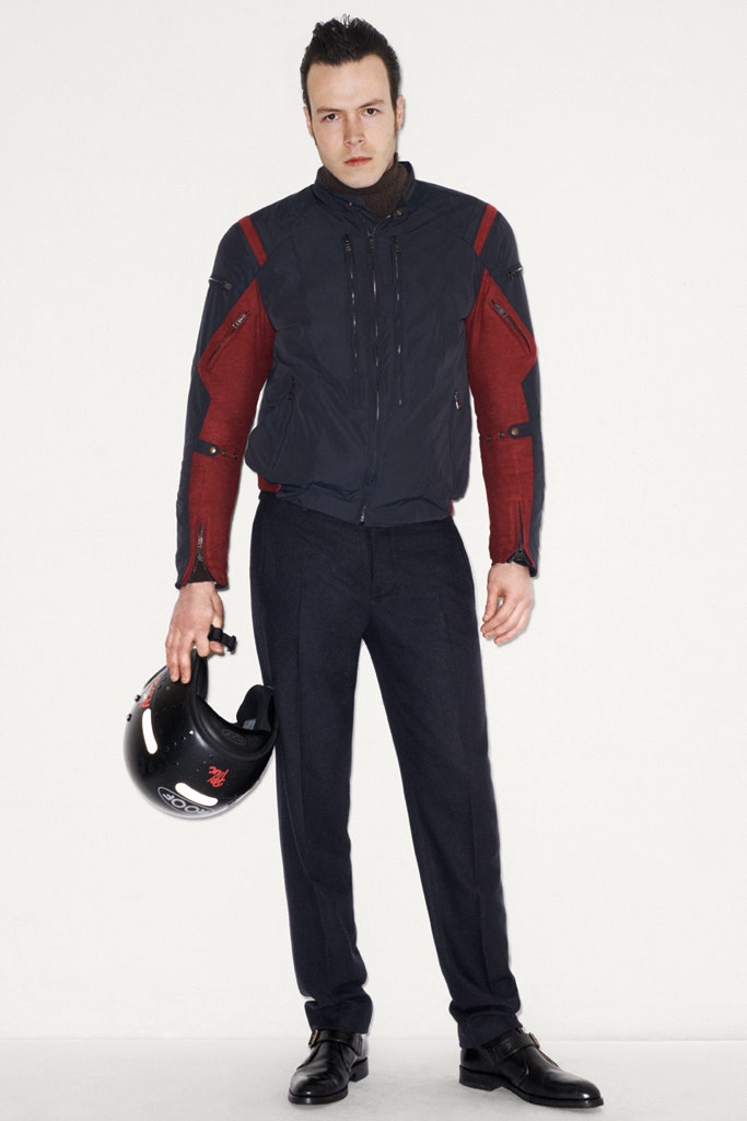 fitted black and red jacket with tailored pants