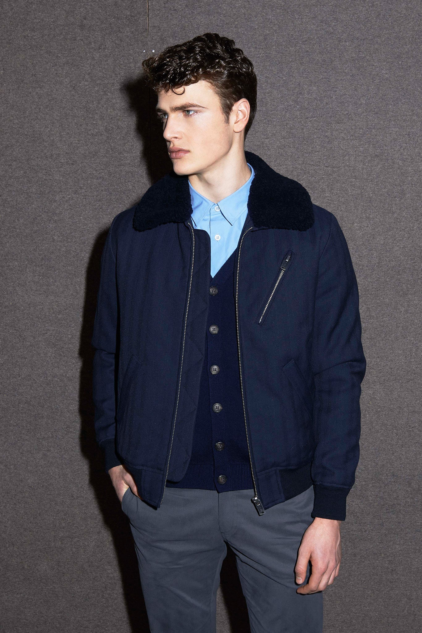 navy jacket with light blue shirt