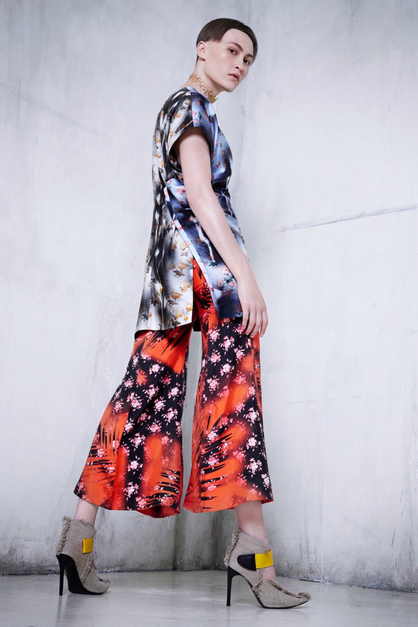 printed silk top and wide-leg pants