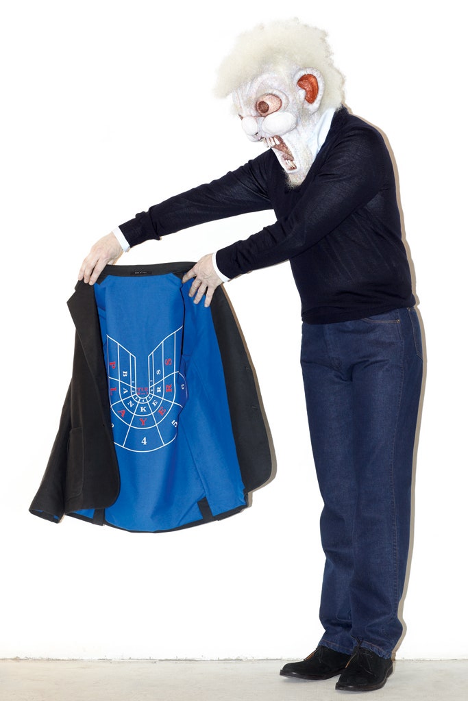 black jacket blue sweater denim pants