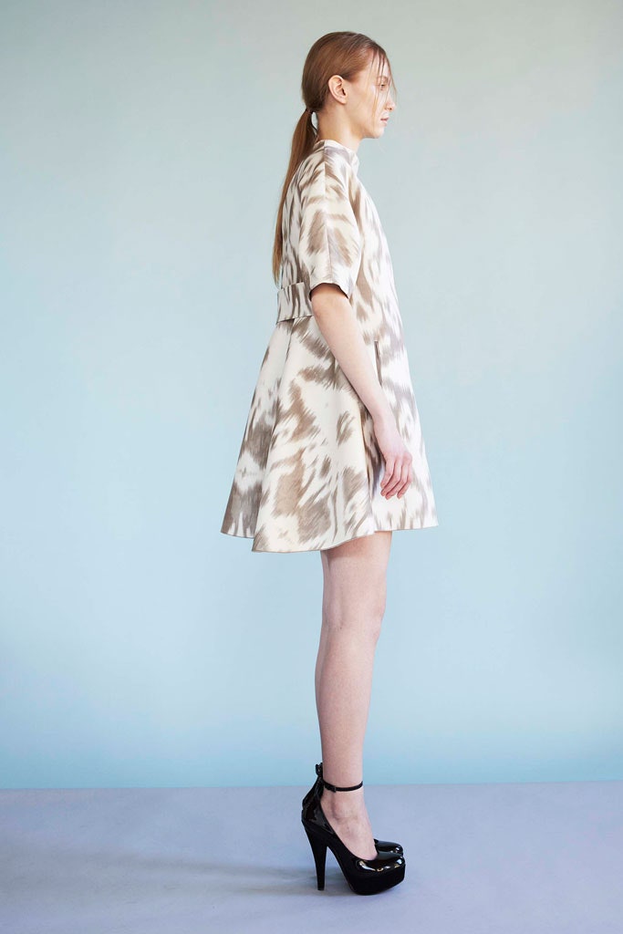 beige cotton short-sleeve collared fitted a-line mini dress