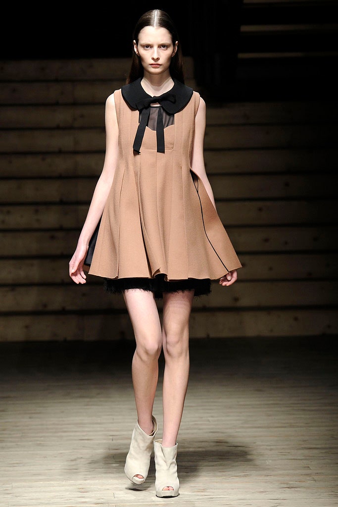 beige sleeveless collared fitted pleated a-line mini dress