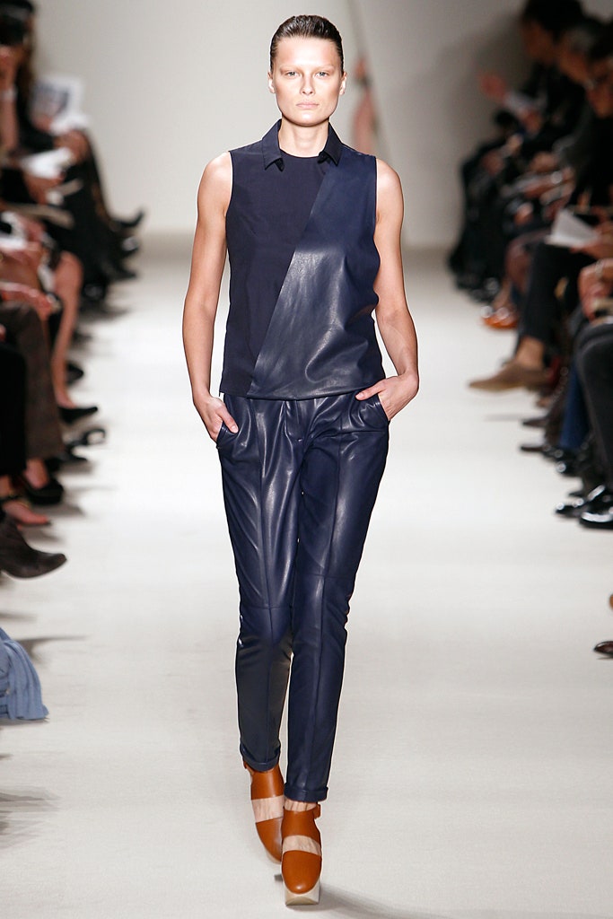 blue leather sleeveless top and pants