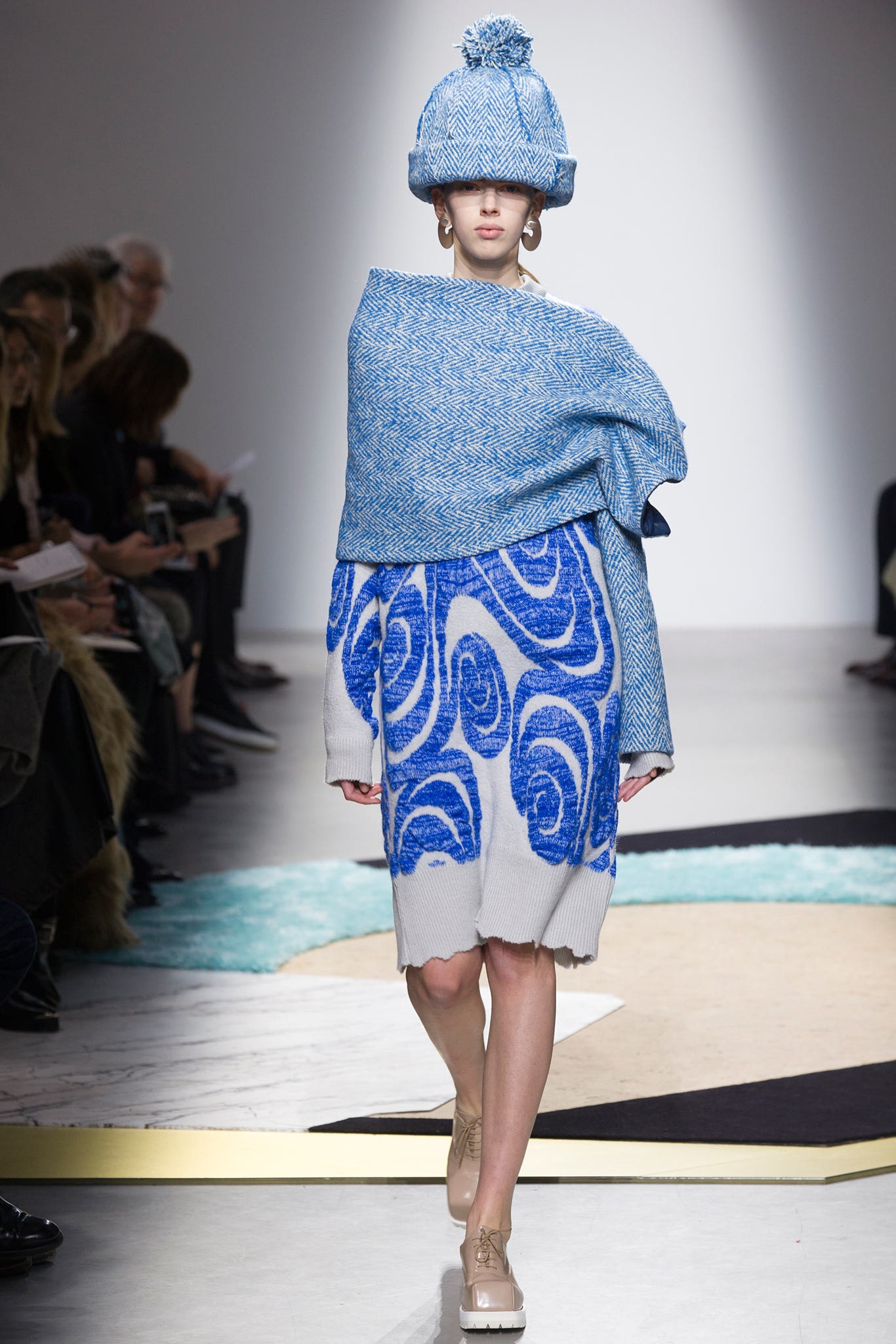 blue printed dress with oversized cape