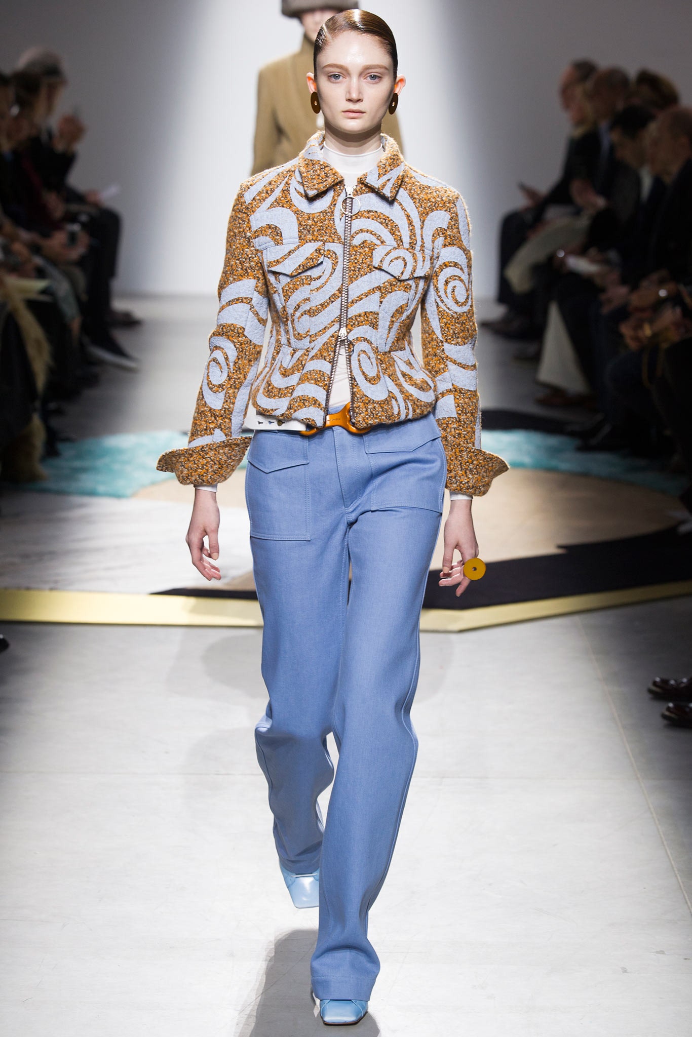 orange cotton long-sleeve collared fitted printed jacket