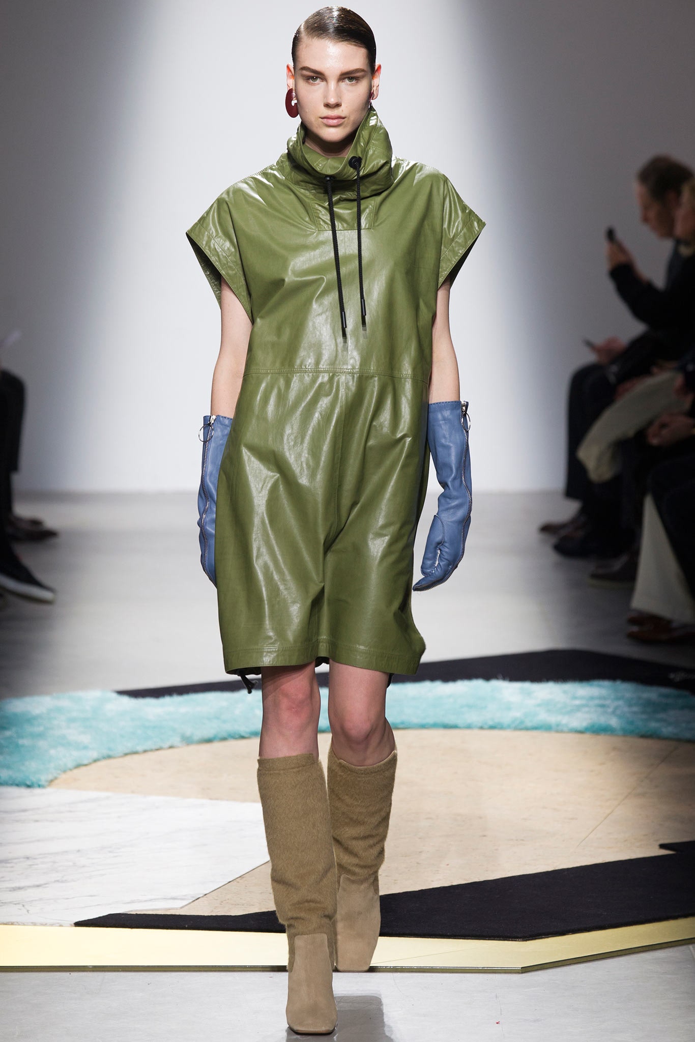 green vinyl sleeveless hooded relaxed zippered short dress