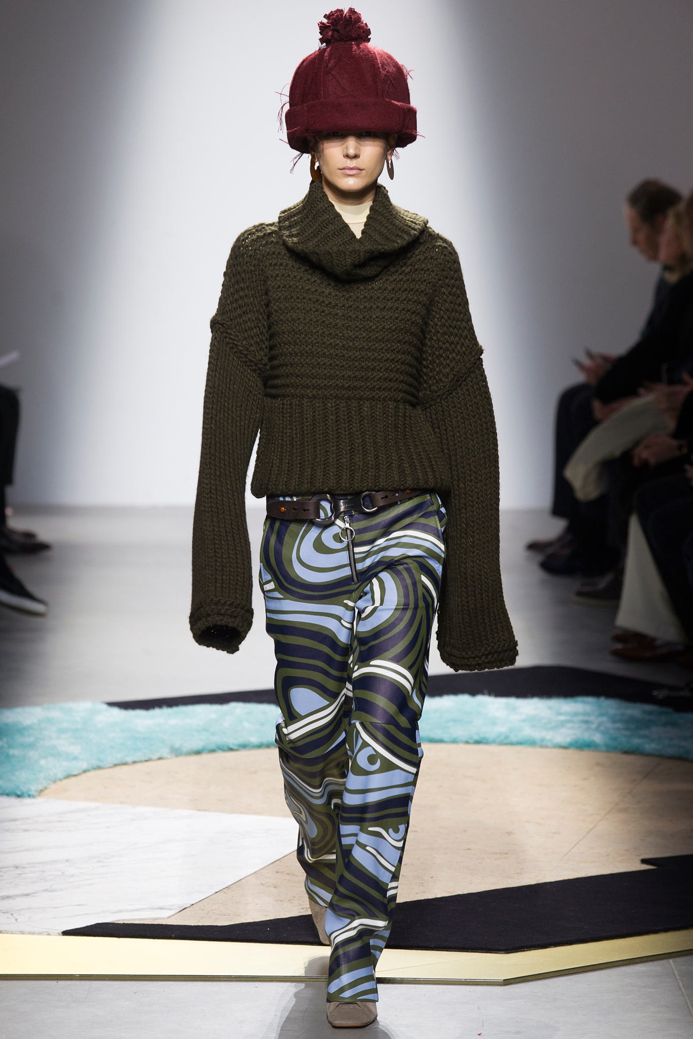 green wool long-sleeve high-neck oversized ribbed cropped sweater