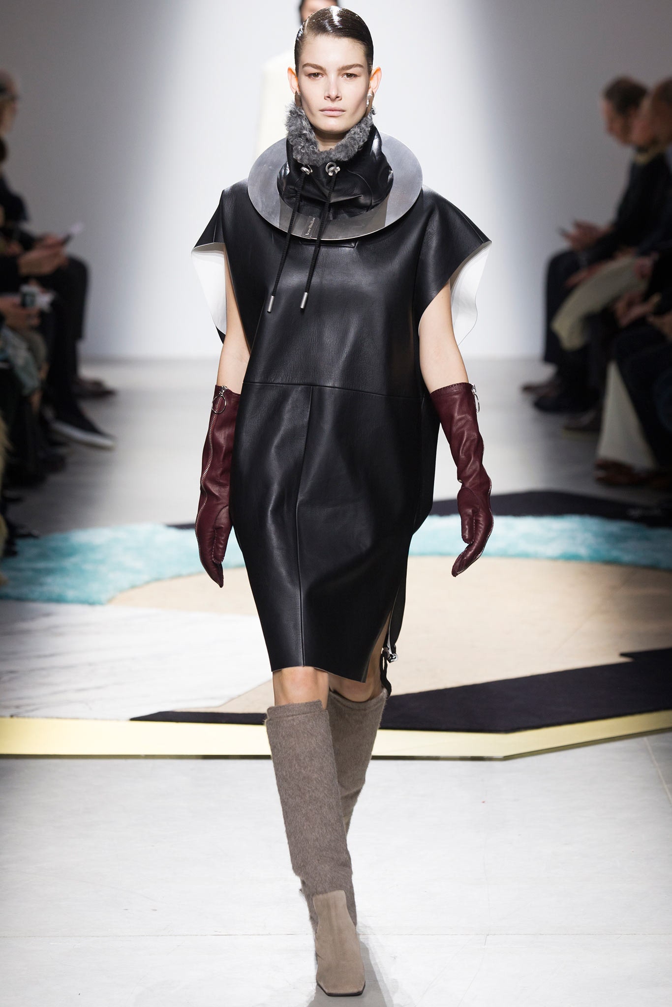 black leather sleeveless high-neck fitted straight-leg midi dress