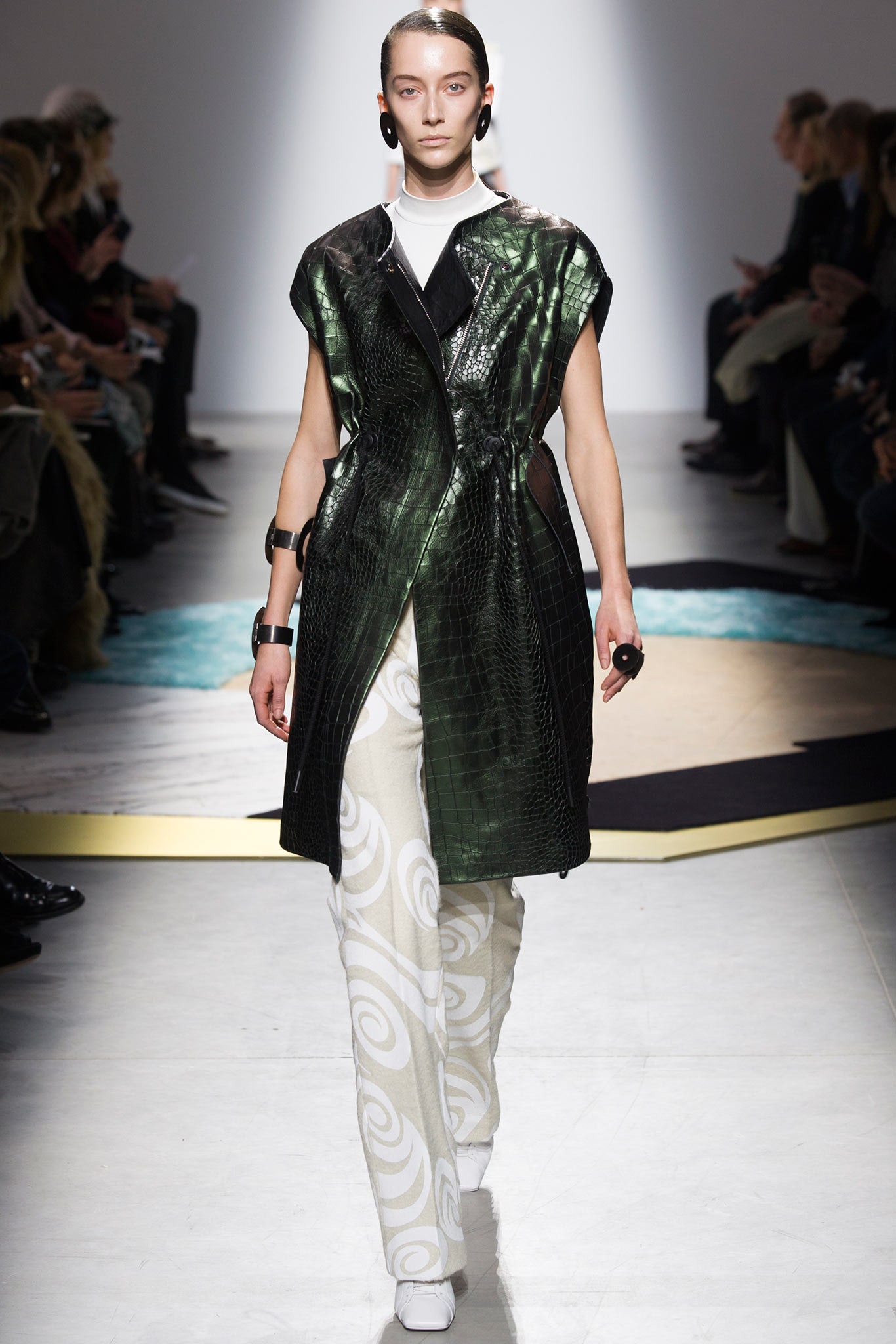 black green leather coat with flared pants