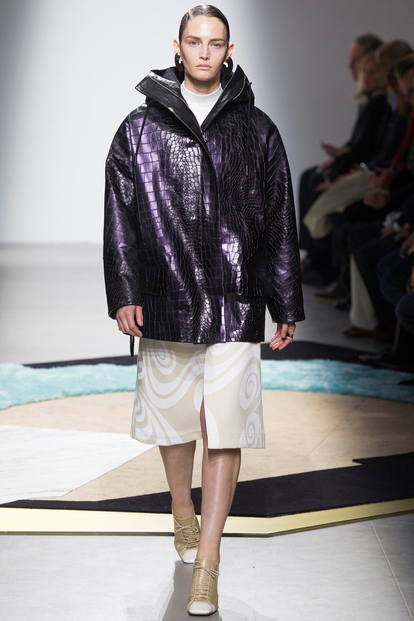 purple vinyl long-sleeve hooded relaxed zippered jacket