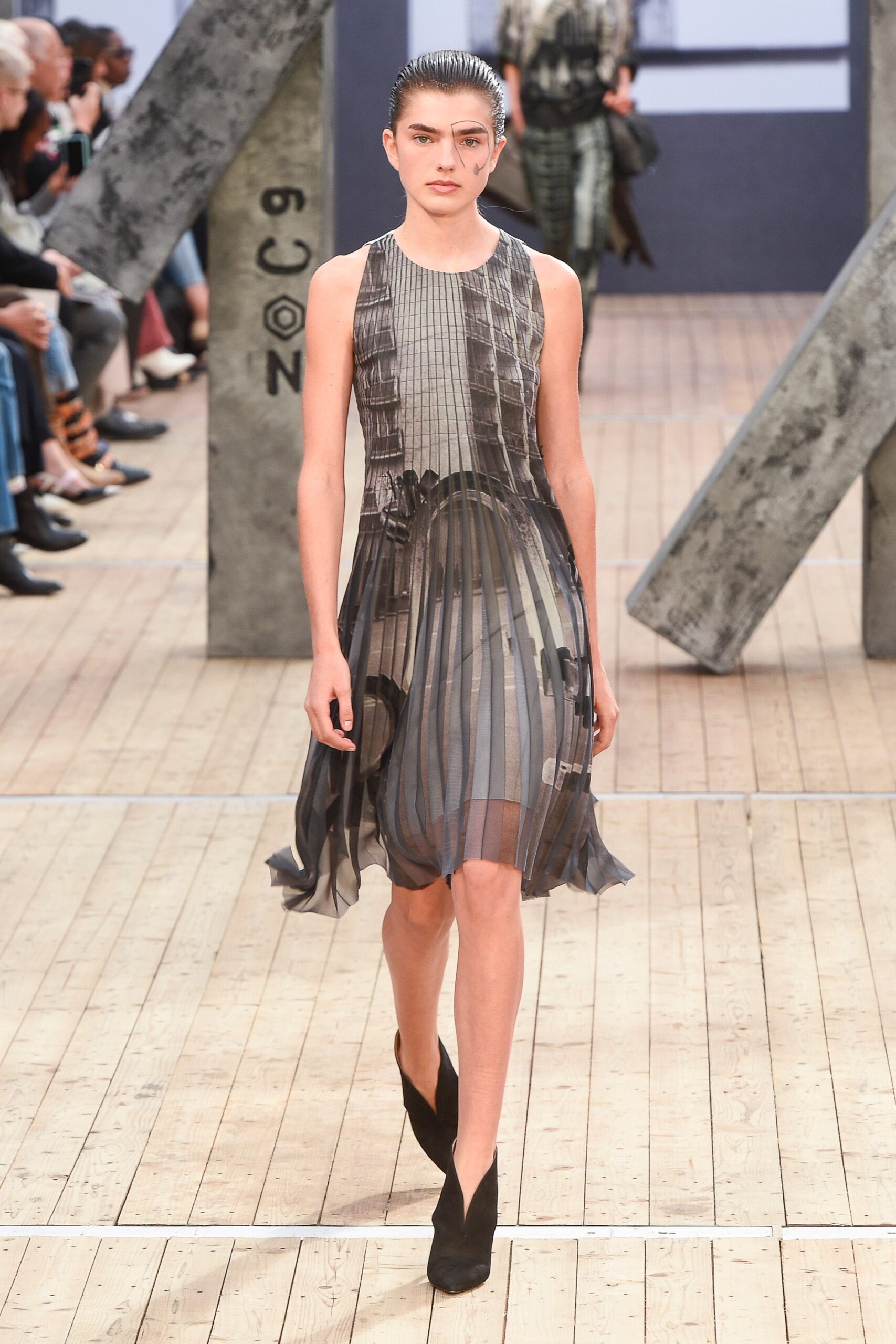 black gray pleated midi dress