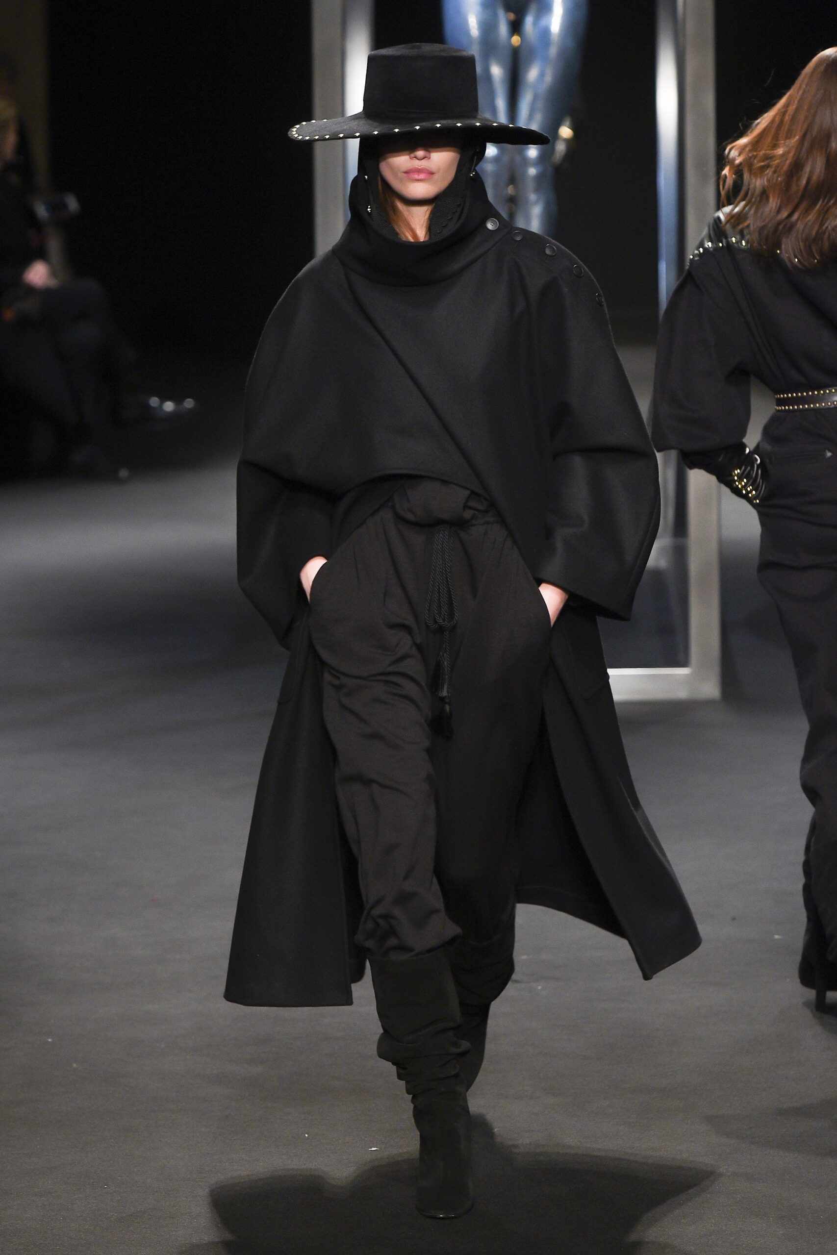 black wool sleeveless high-neck relaxed draped coat