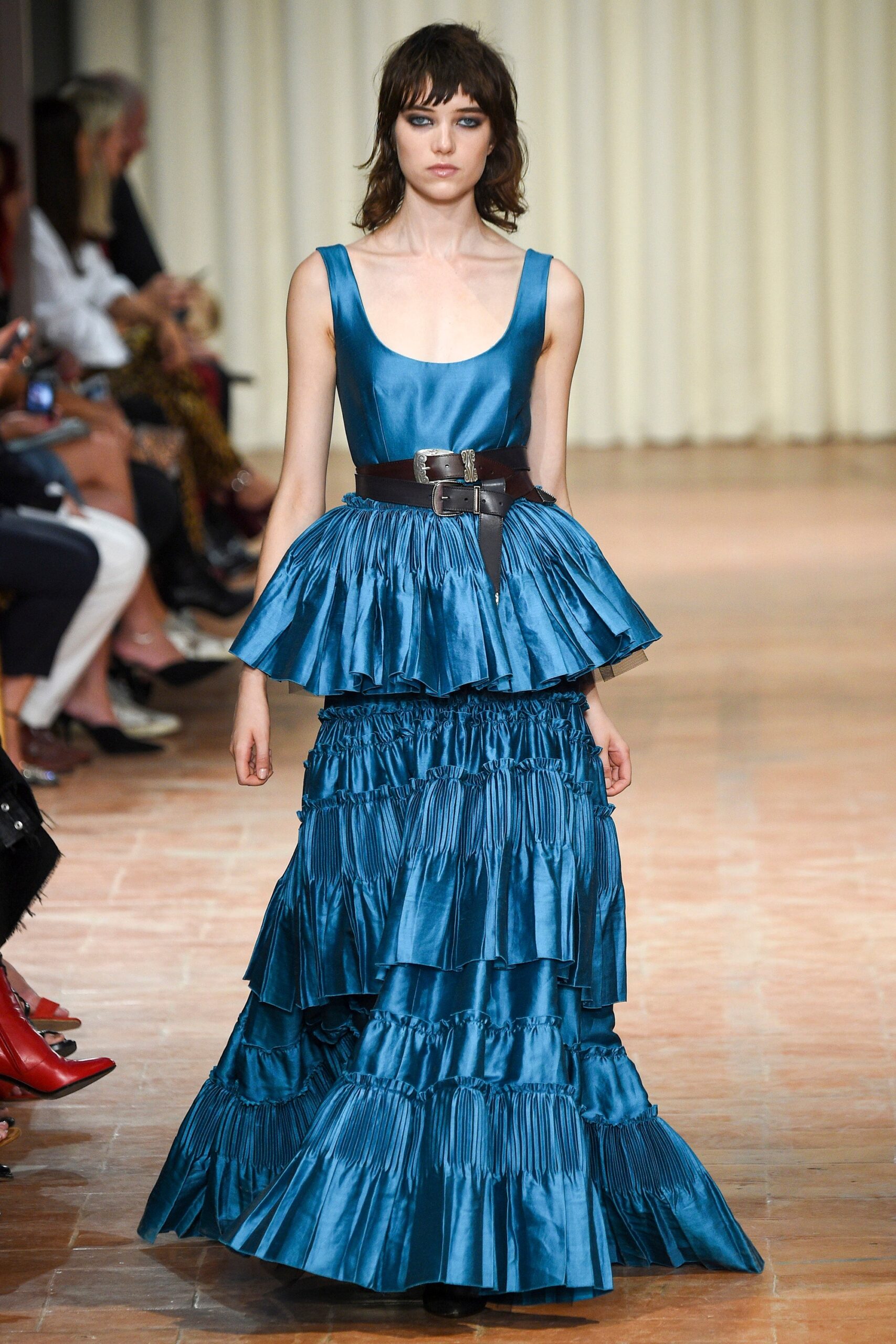 blue silk sleeveless tiered dress