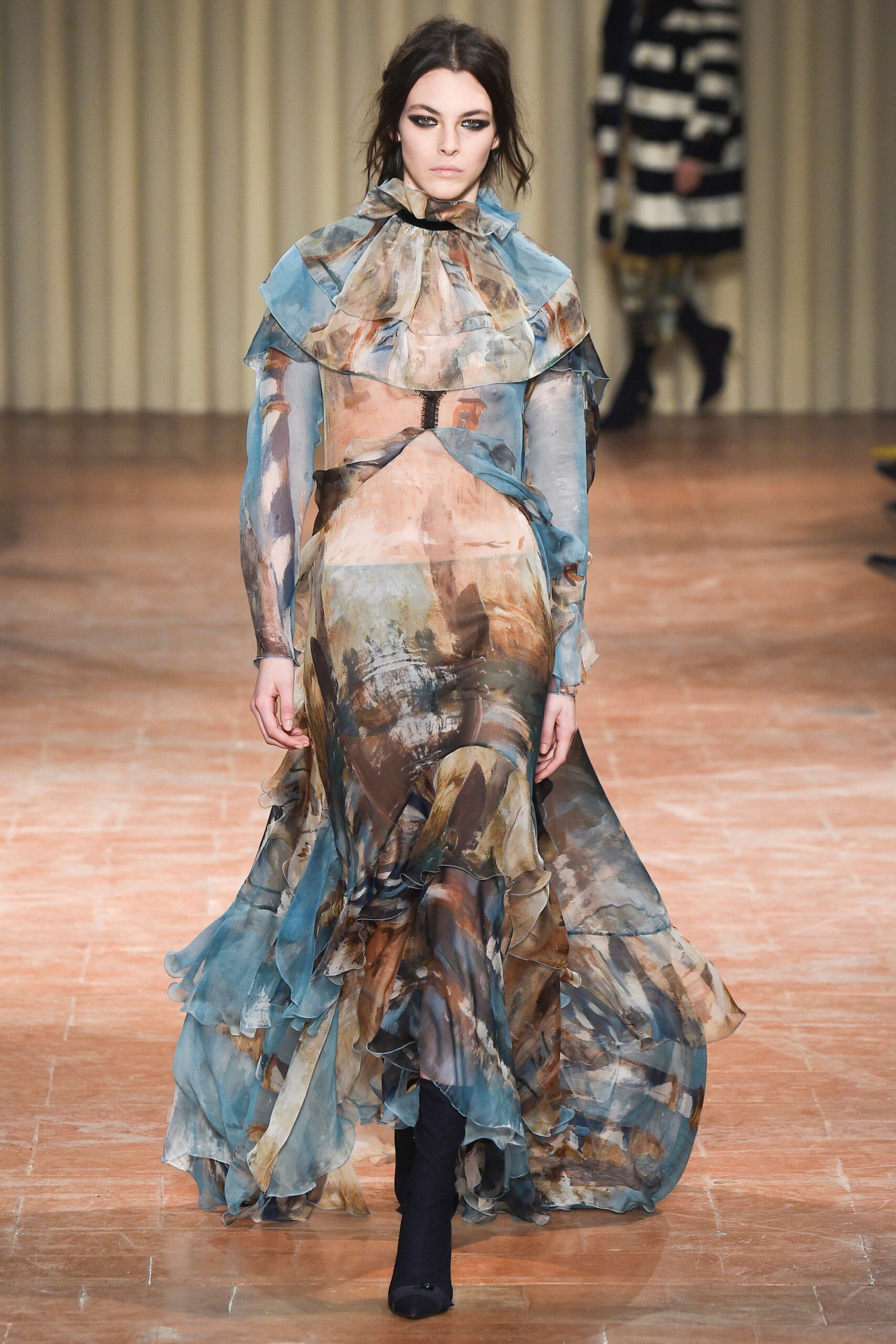 blue and brown ruffled maxi dress