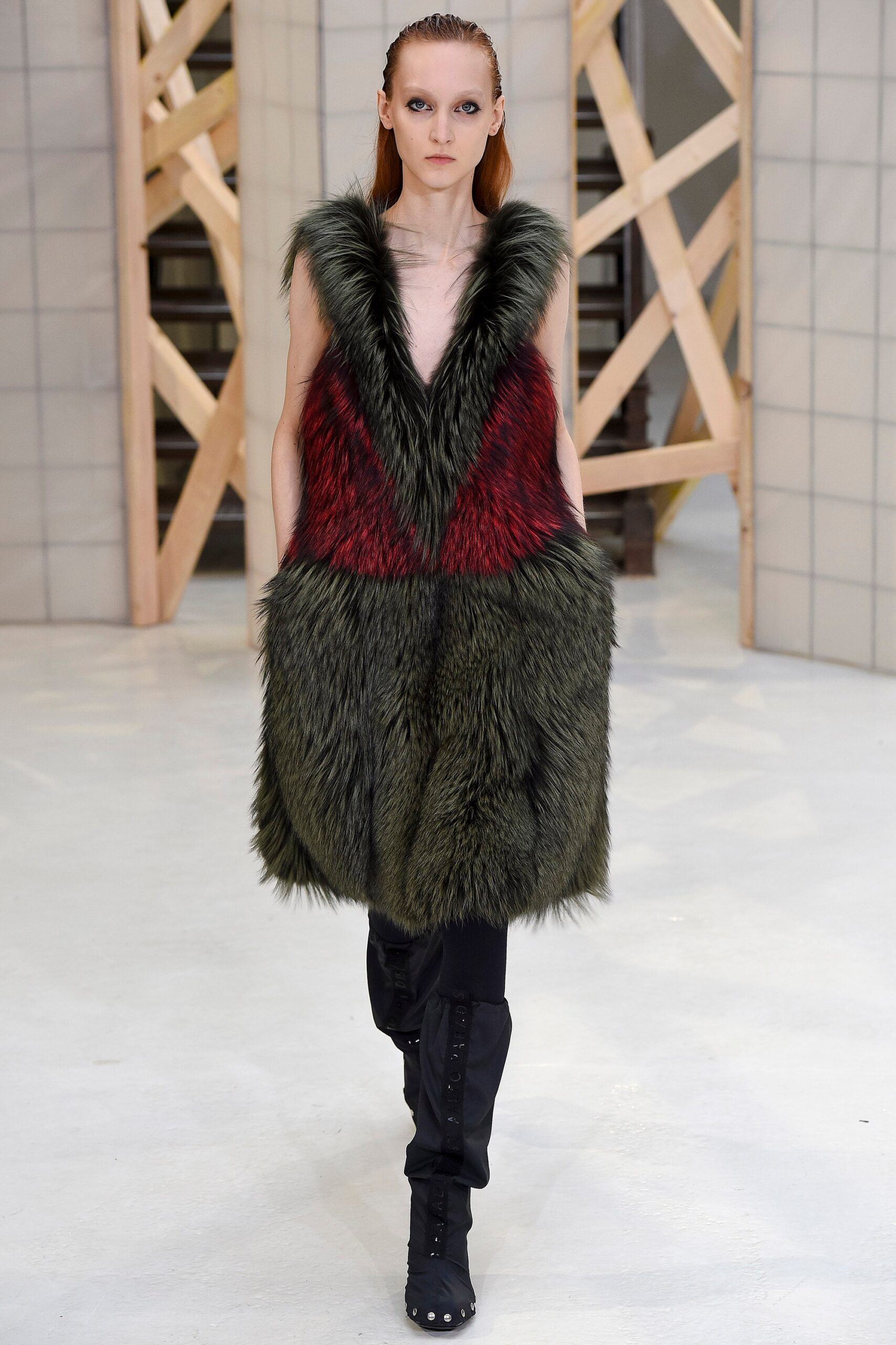 red fur sleeveless v-neck relaxed layered vest
