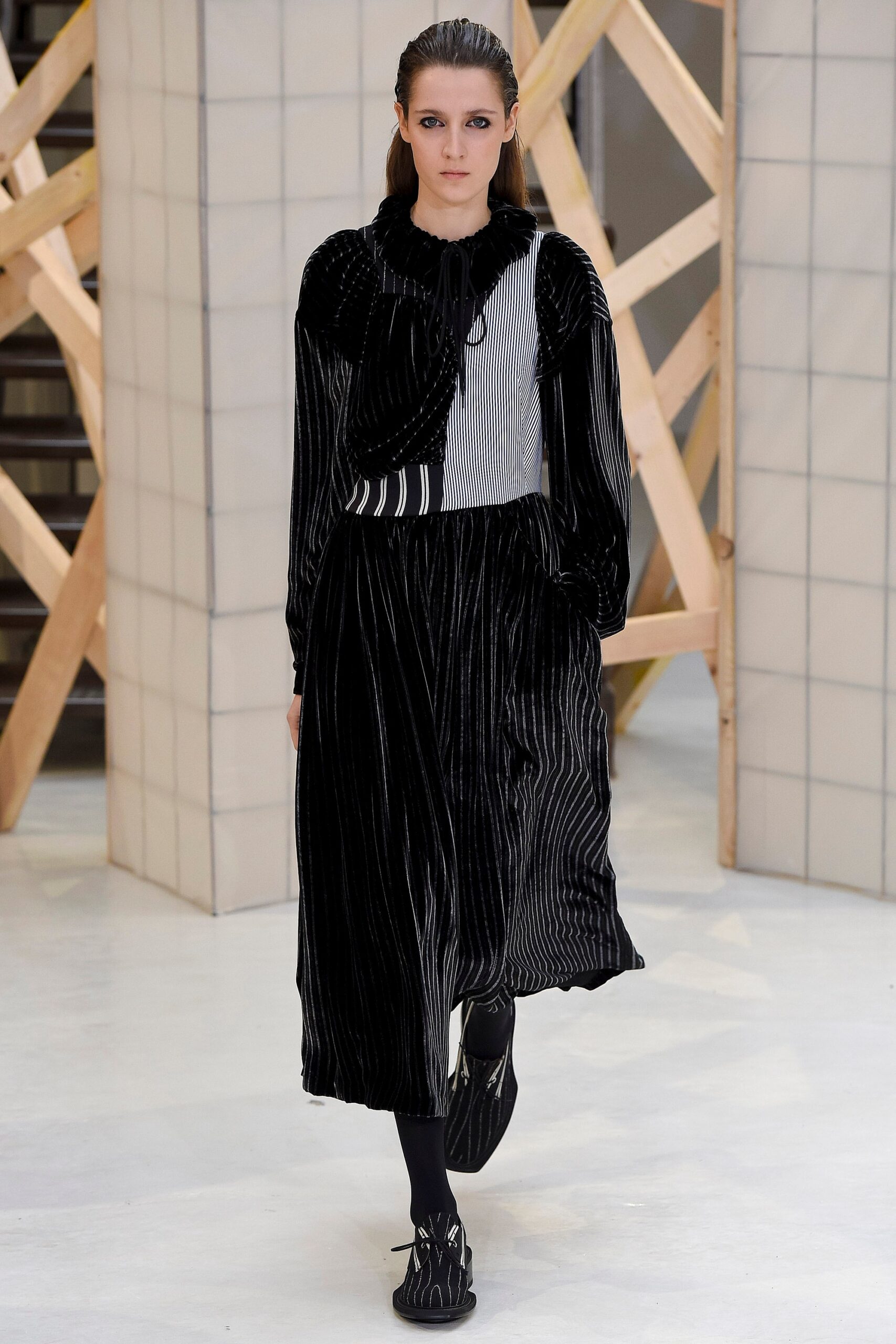 black and white pleated midi dress