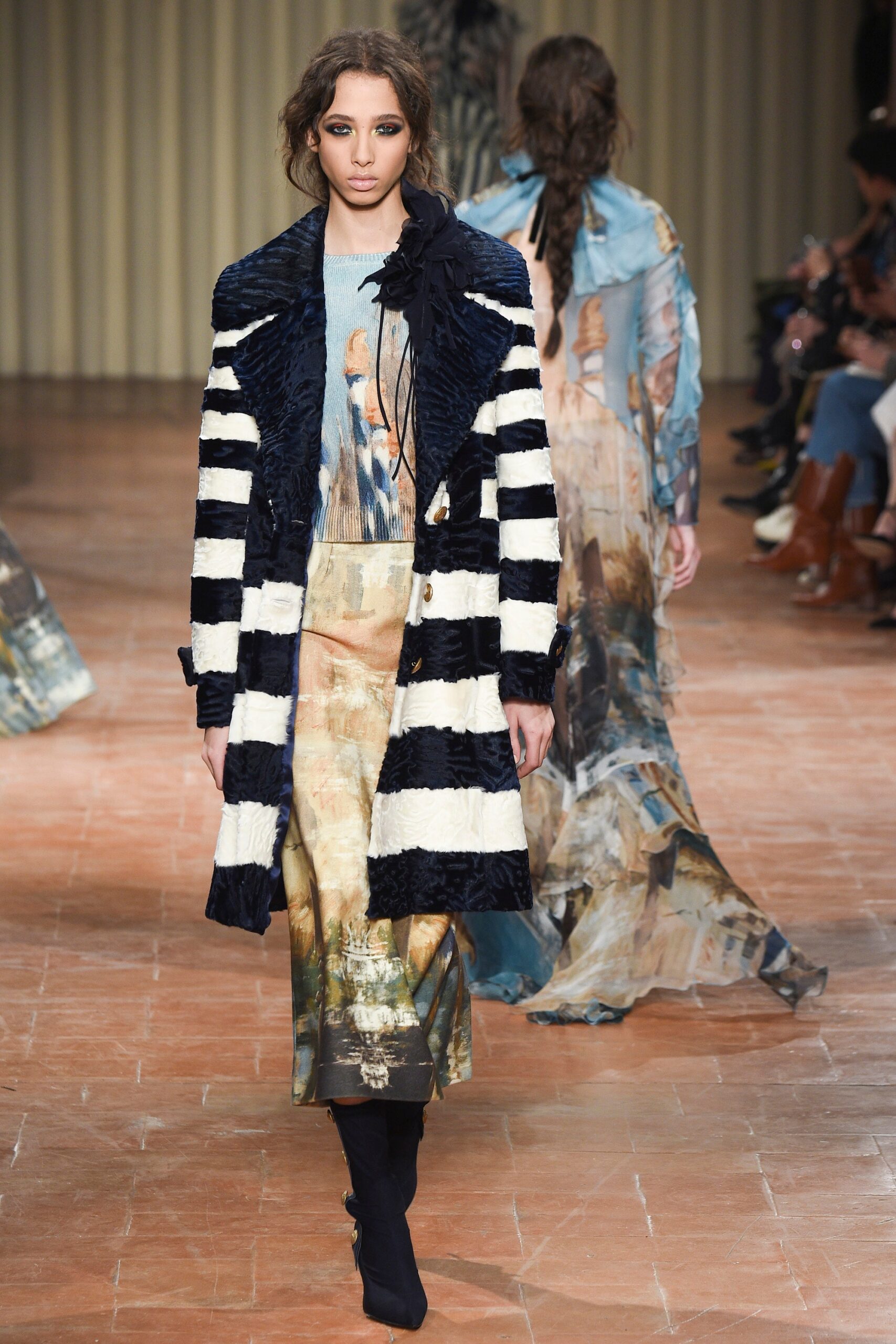 black silk long-sleeve collared fitted striped layered coat