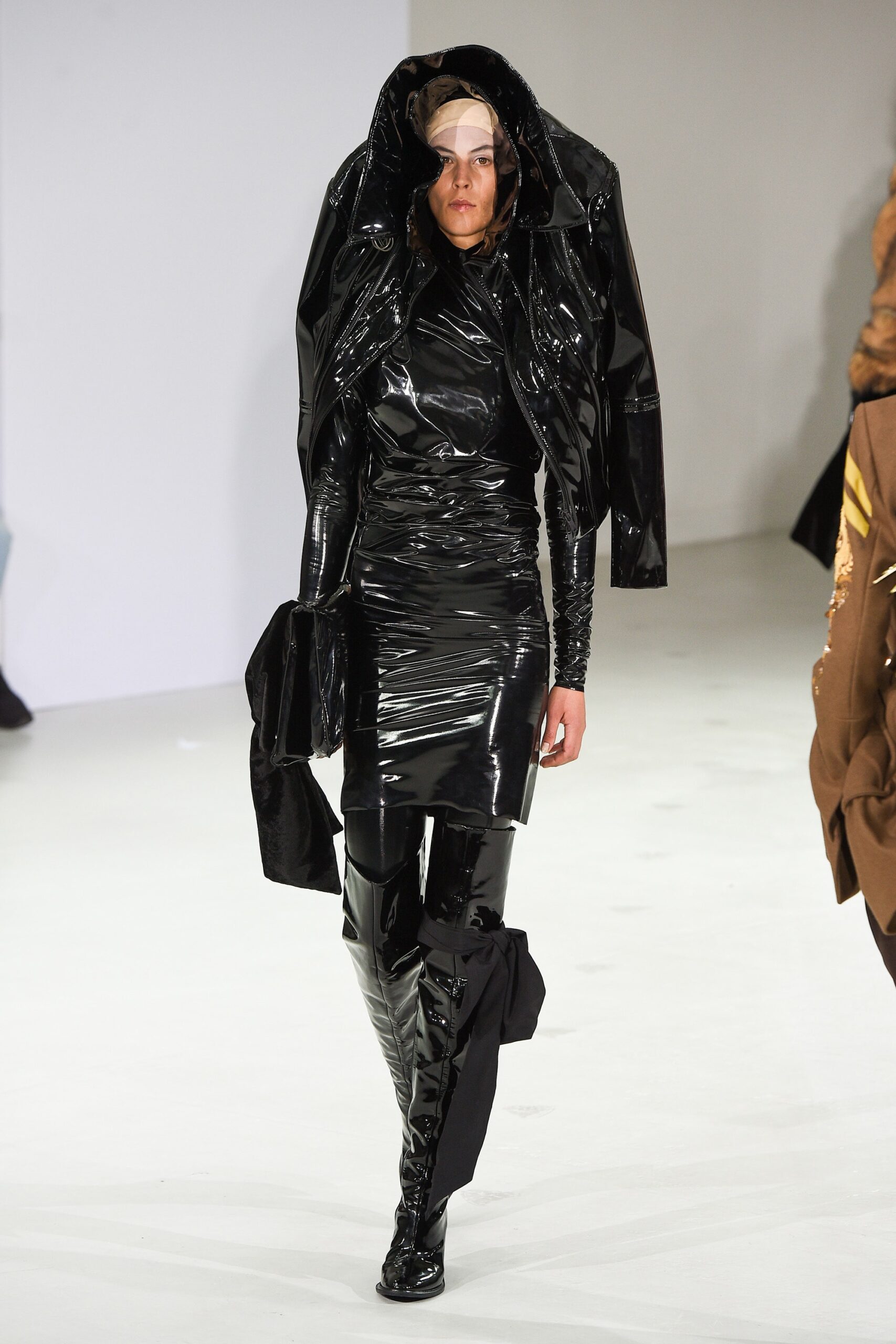 black vinyl long-sleeve oversized draped coat