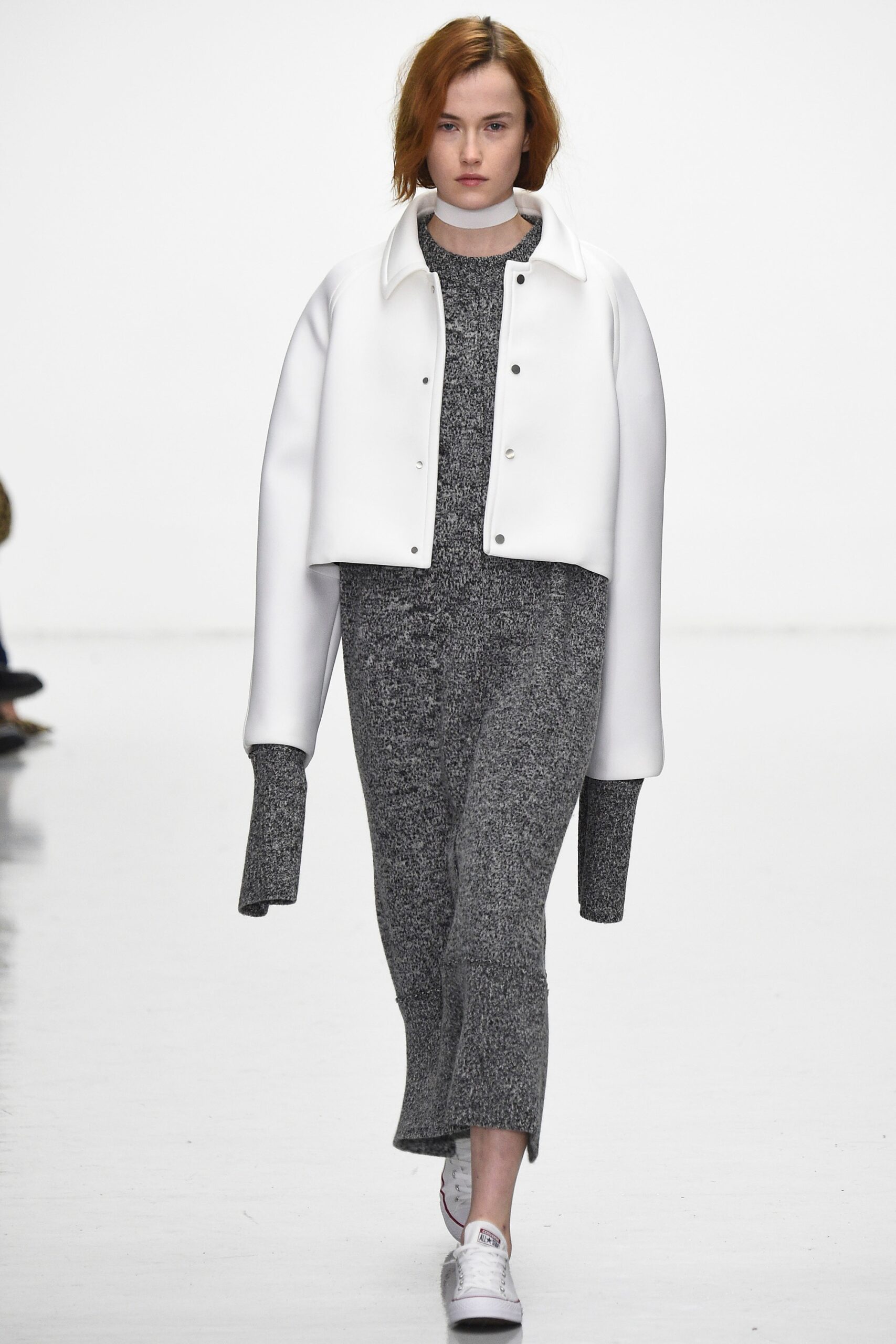 gray cotton midi dress with white leather jacket