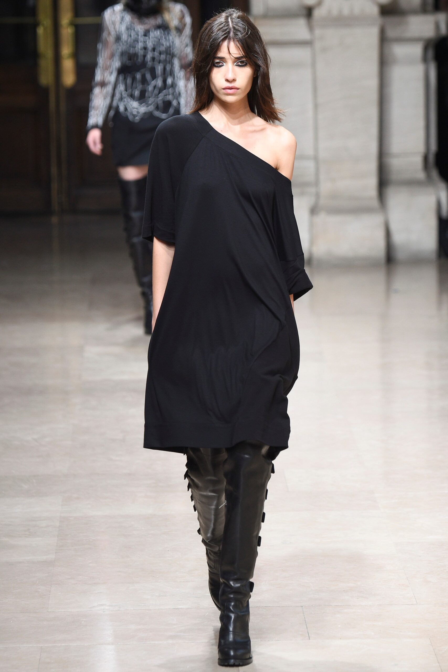 black cotton sleeveless off-shoulder relaxed draped short dress
