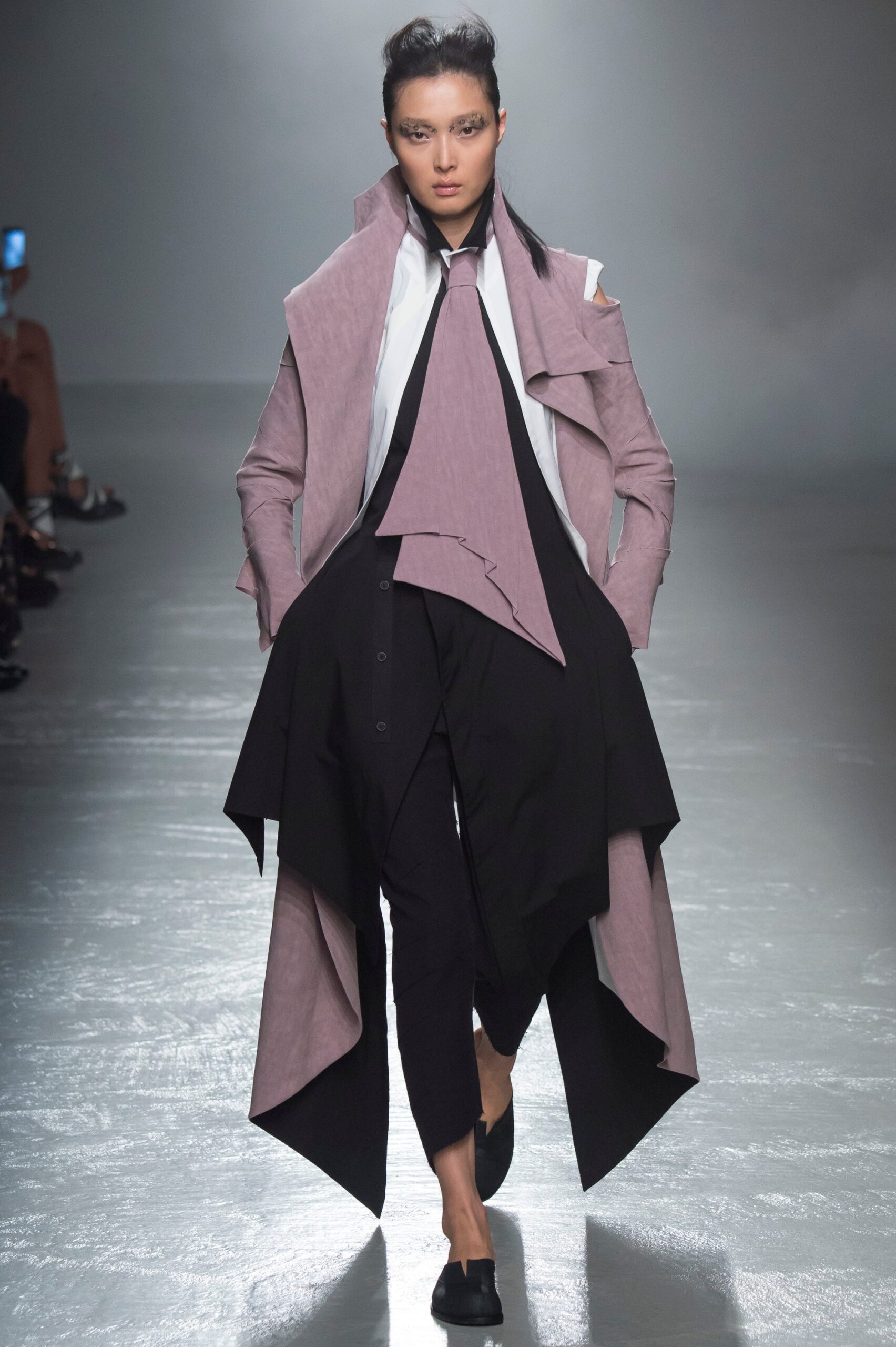 pink cotton long-sleeve collared relaxed draped layered coat
