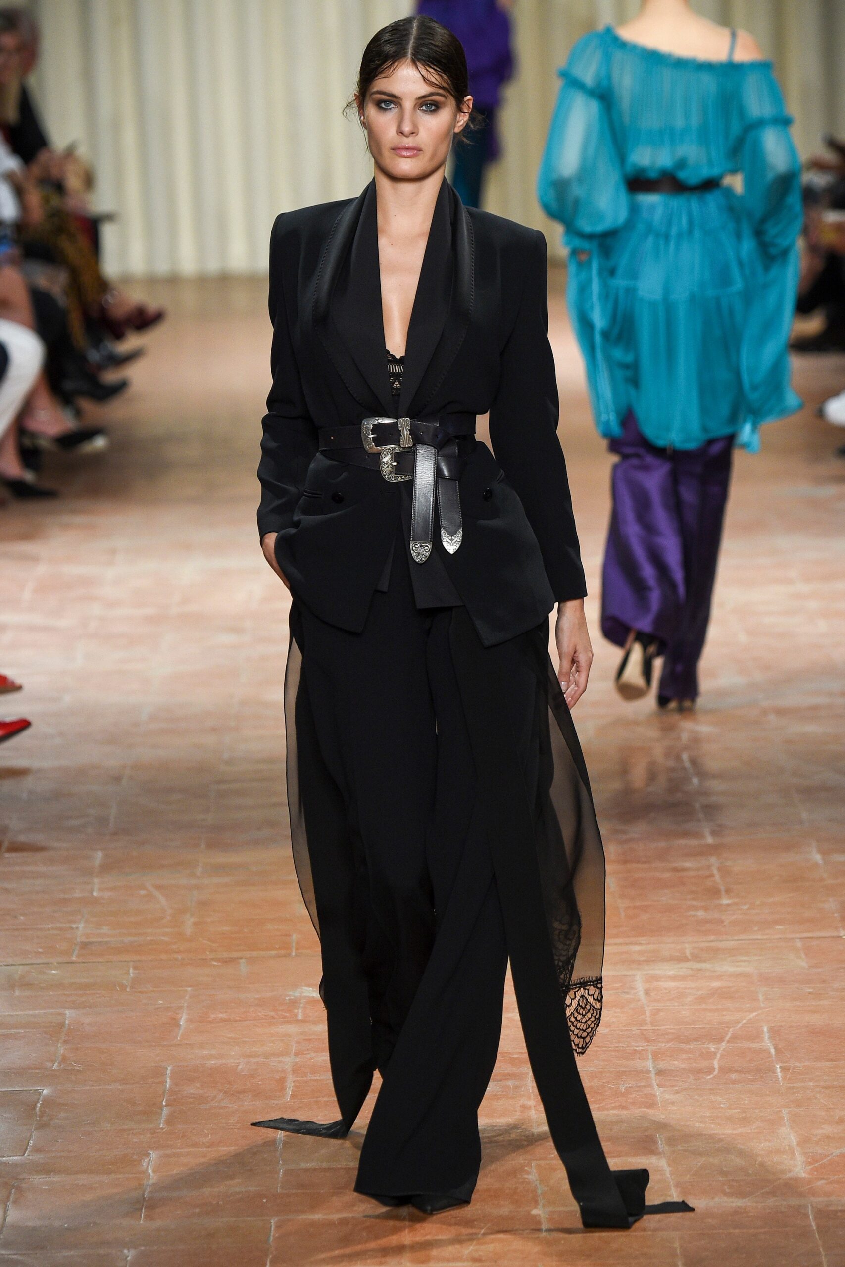 fitted black silk suit